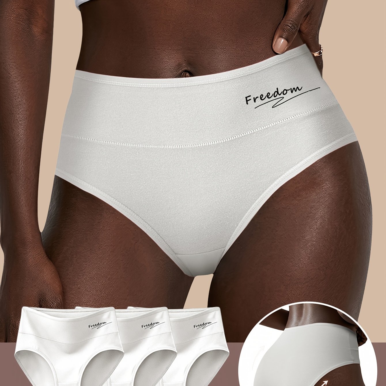 Image of 3pcs Women's High-waist Solid Color Briefs With Letter Design, Full Coverage And