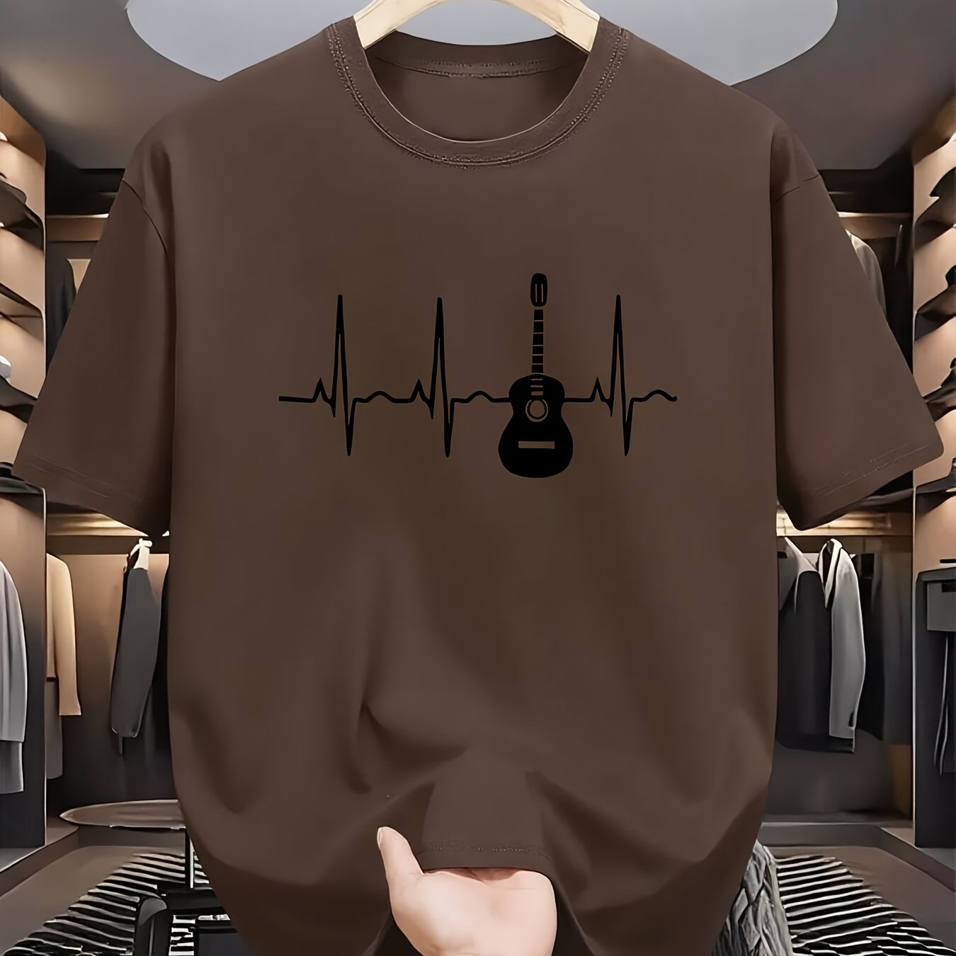TEMU Béat de musique ! T-shirt à imprimé créatif avec design ECG de guitare - T-shirt décontracté pour hommes, polyester respirant, col rond, manches