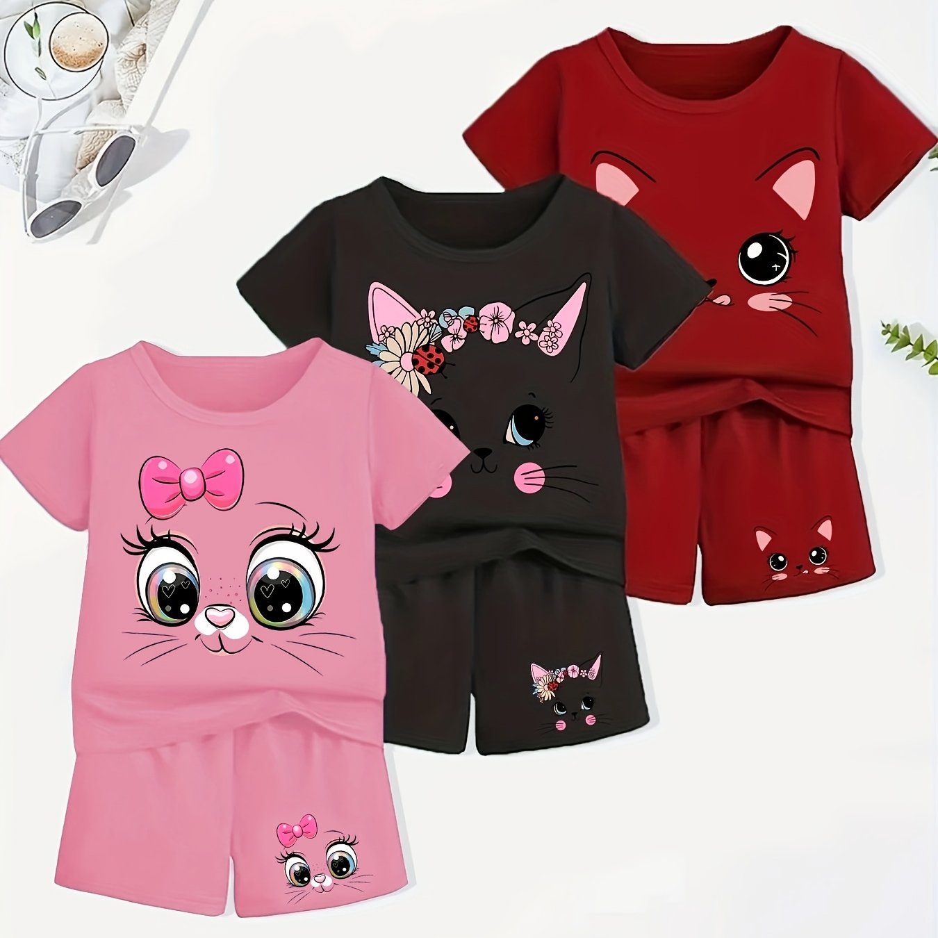 Image of 3-pack 6-piece Girls' Summer Cute Cat Pattern Short-sleeve T-shirt + Casual Comfortable Breathable Sports Shorts Set For Toddlers And Young Children
