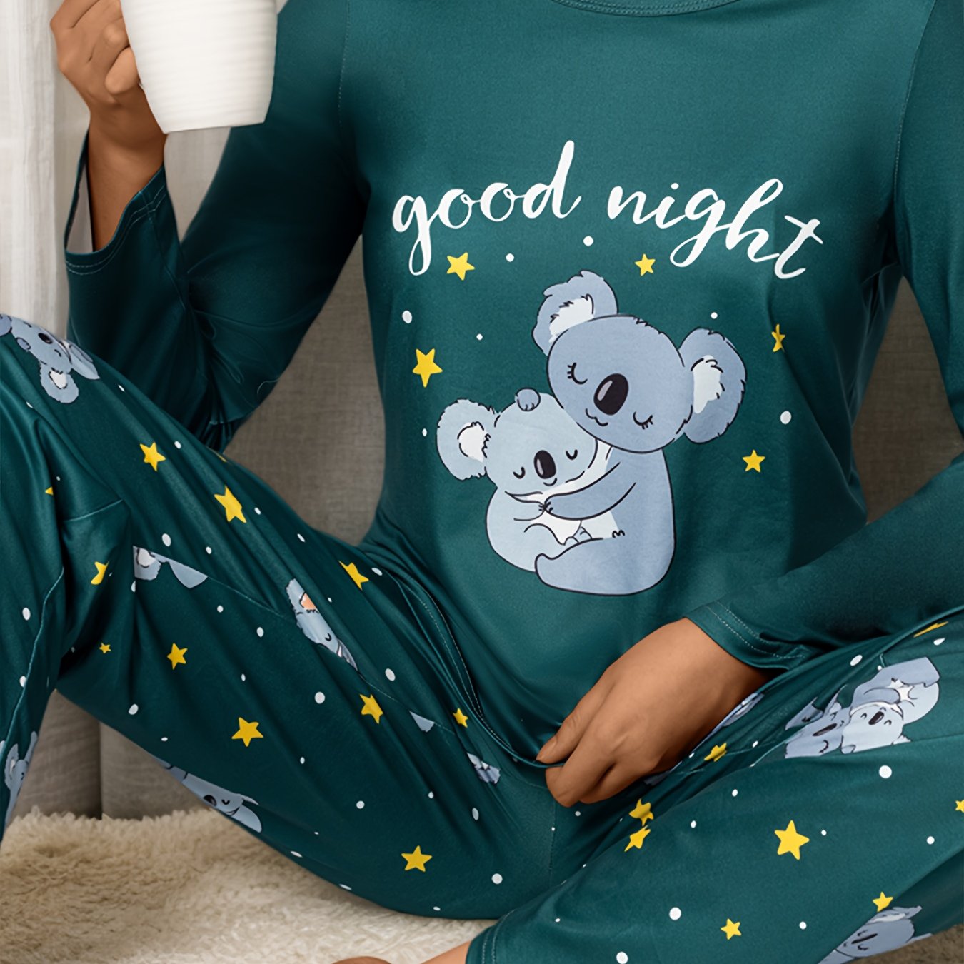TEMU Double Long Cute Starry Sky Koala Casual Set, Bedtime , Clothing Outfit, Clothing, Cute Animal Print, Durable Clothing, Fabric, Matching