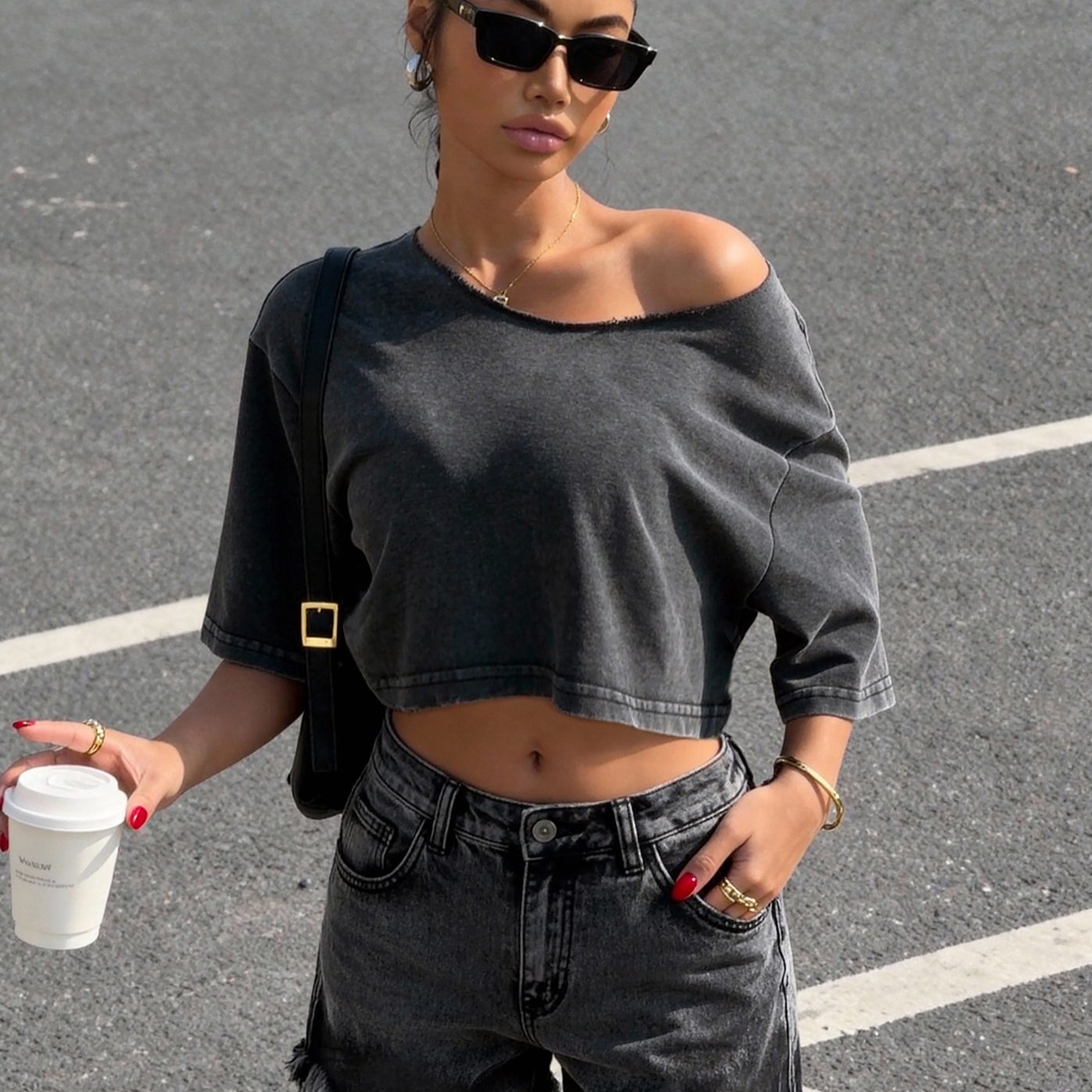 Women's Distressed Asymmetric Shoulder Tee - Vintage Washed Cropped Casual Top