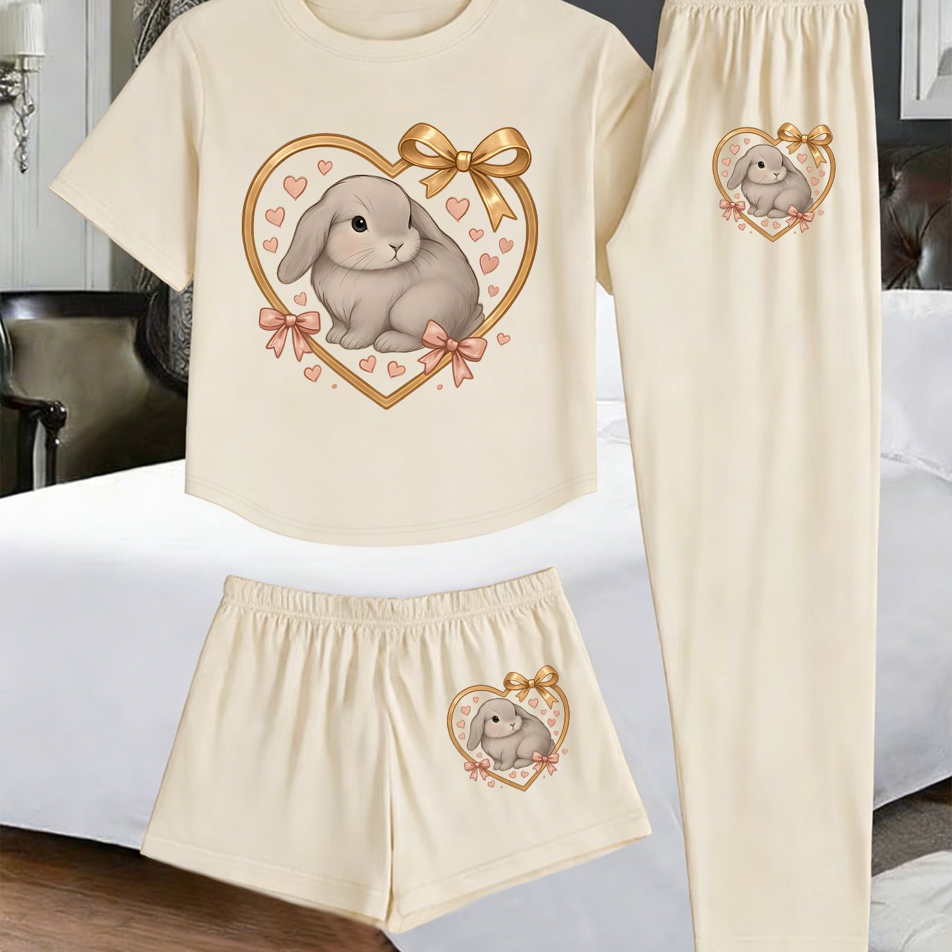 TEMU (1002#3pcs) Women's 3pcs Set Print 3pcs Sleepwear Cute Comfortable Loungewear