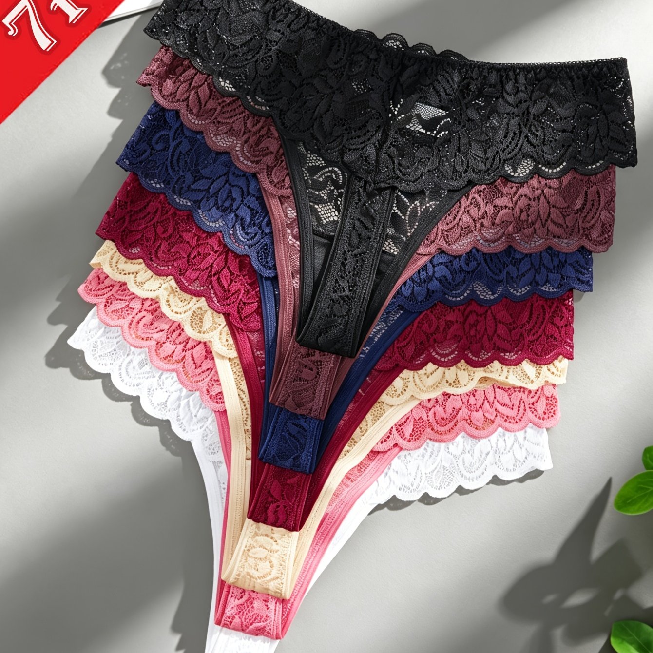 TEMU 7pcs Elegant Women's Floral Lace Thong Panties - Non-sheer -string Underwear With Mid-rise Comfortable Lace Trim, Soft Suitable For Daily Wear,