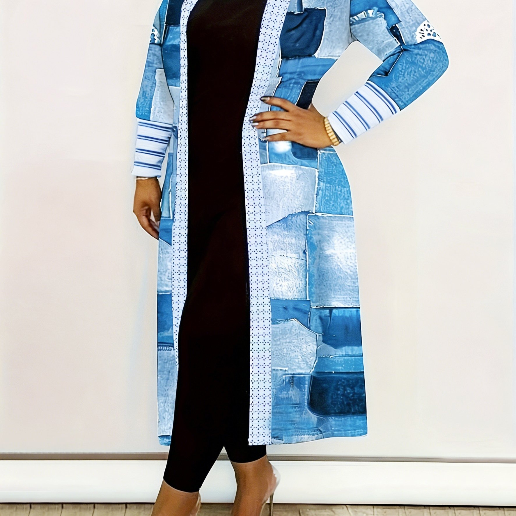 TEMU Stylish New Women's Jacket Featuring A Printed Design Without Texture, Color Block Pattern, Long Sleeves, And An Open Front, Perfect For Casual