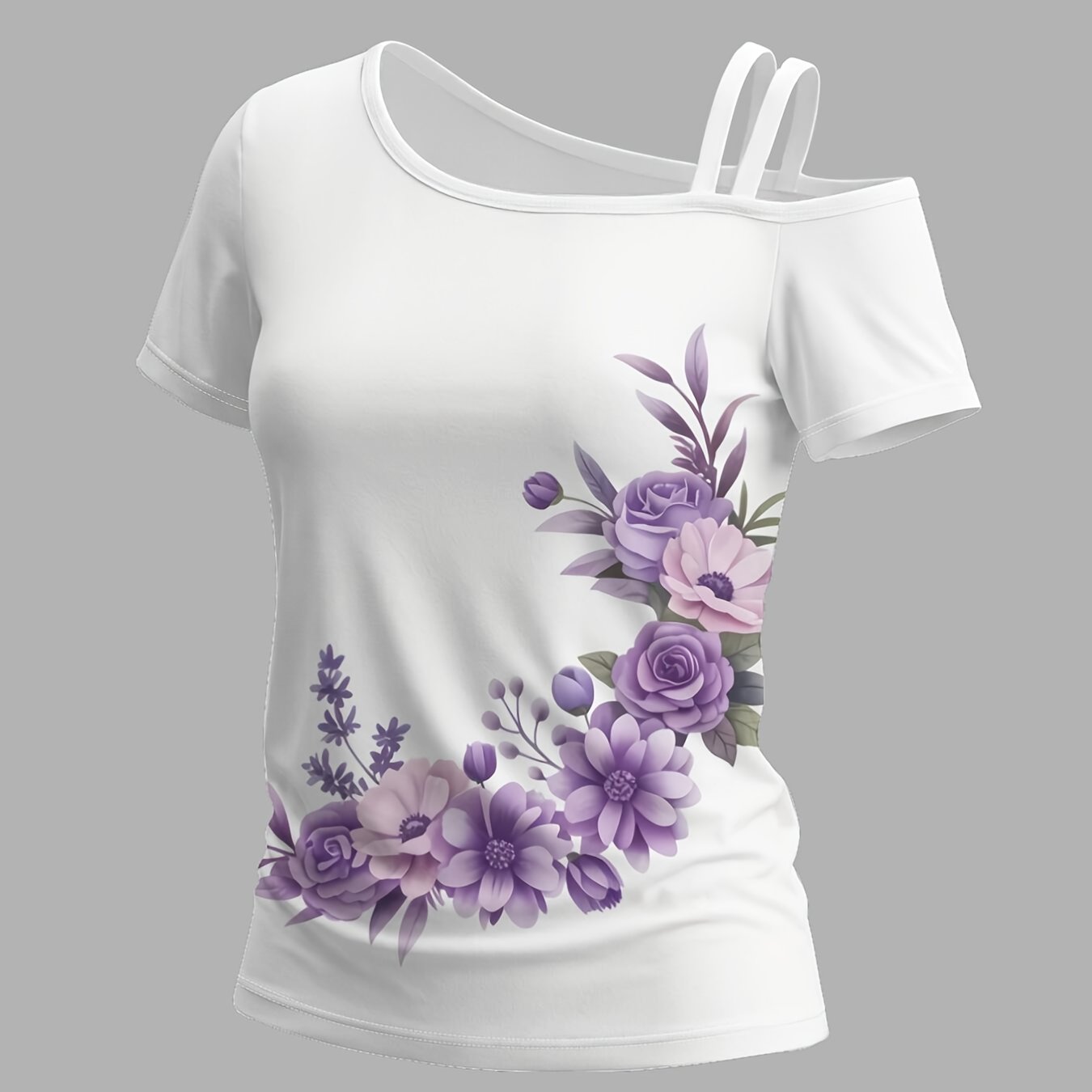 TEMU Purple Flower Wreath Women's Off-shoulder Short-sleeved T-shirt With Single Shoulder Strap, Featuring A Unique Asymmetrical Design, Trendy