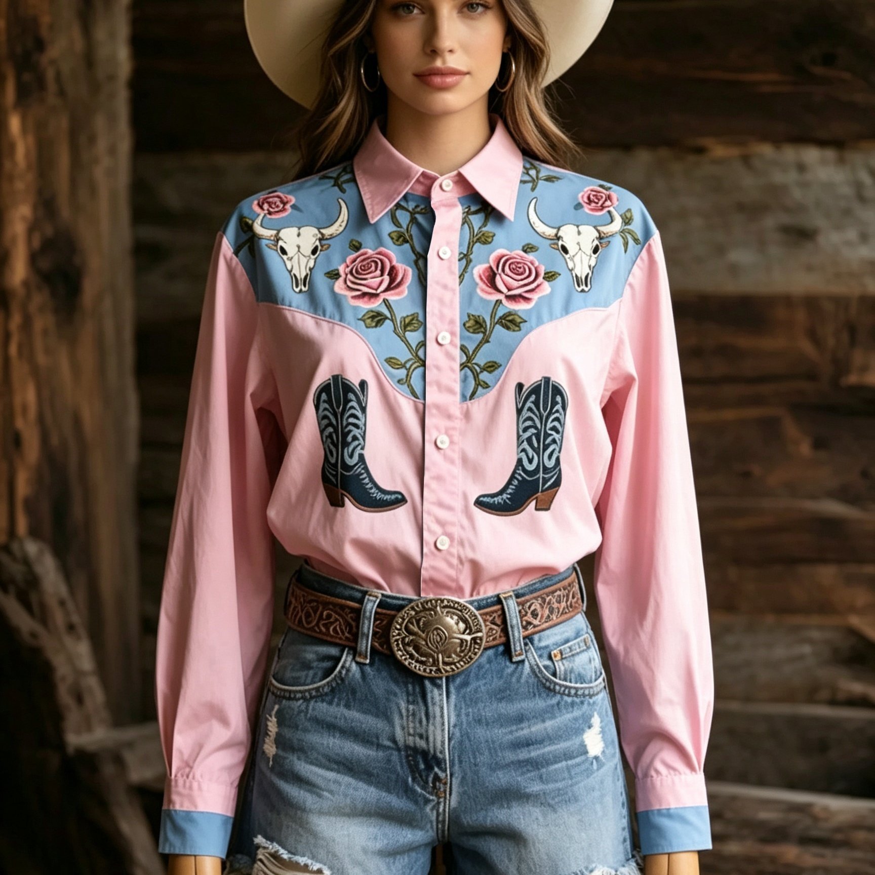 TEMU Women's Western-style Pink And Blue Contrast Long-sleeve Lapel Shirt With , Rose, And Cowboy Boot Print, Single-breasted Open Front Blouse, New