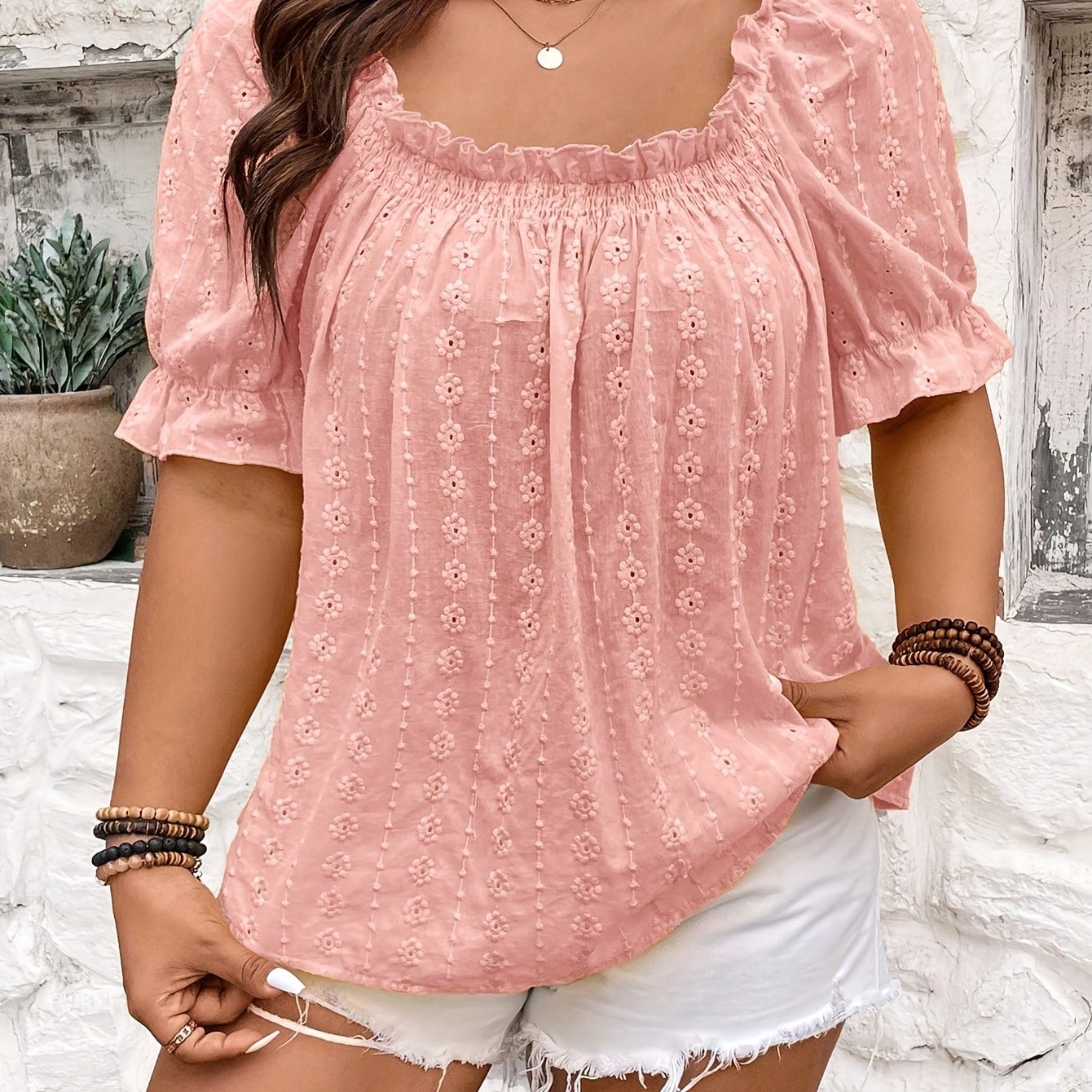 TEMU Plus Size, Plus Size Women's Elegant Semi-sheer Short Sleeve Blouse With Eyelet Embellishments & Scalloped Hem - Square Neck Casual To