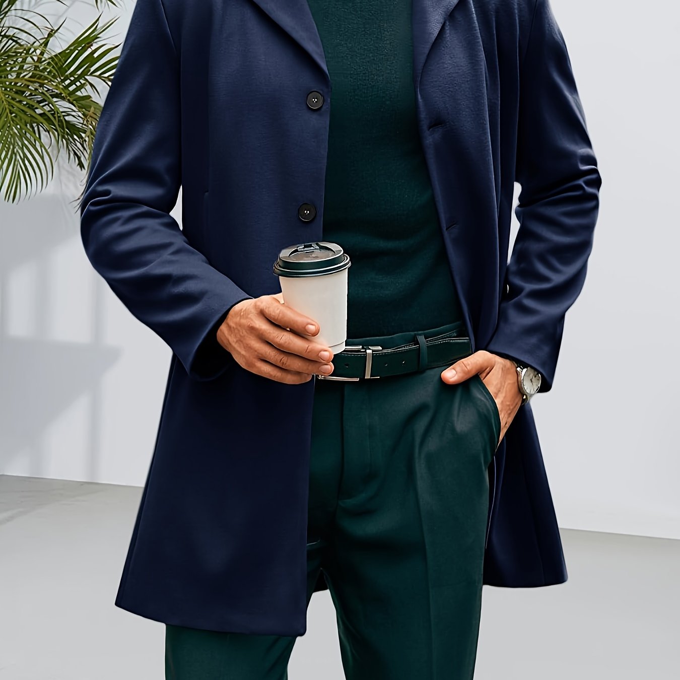 Mens Mid Long Trench Coat Slim Fit Winter Pea Coat Single Breasted Business Overcoat