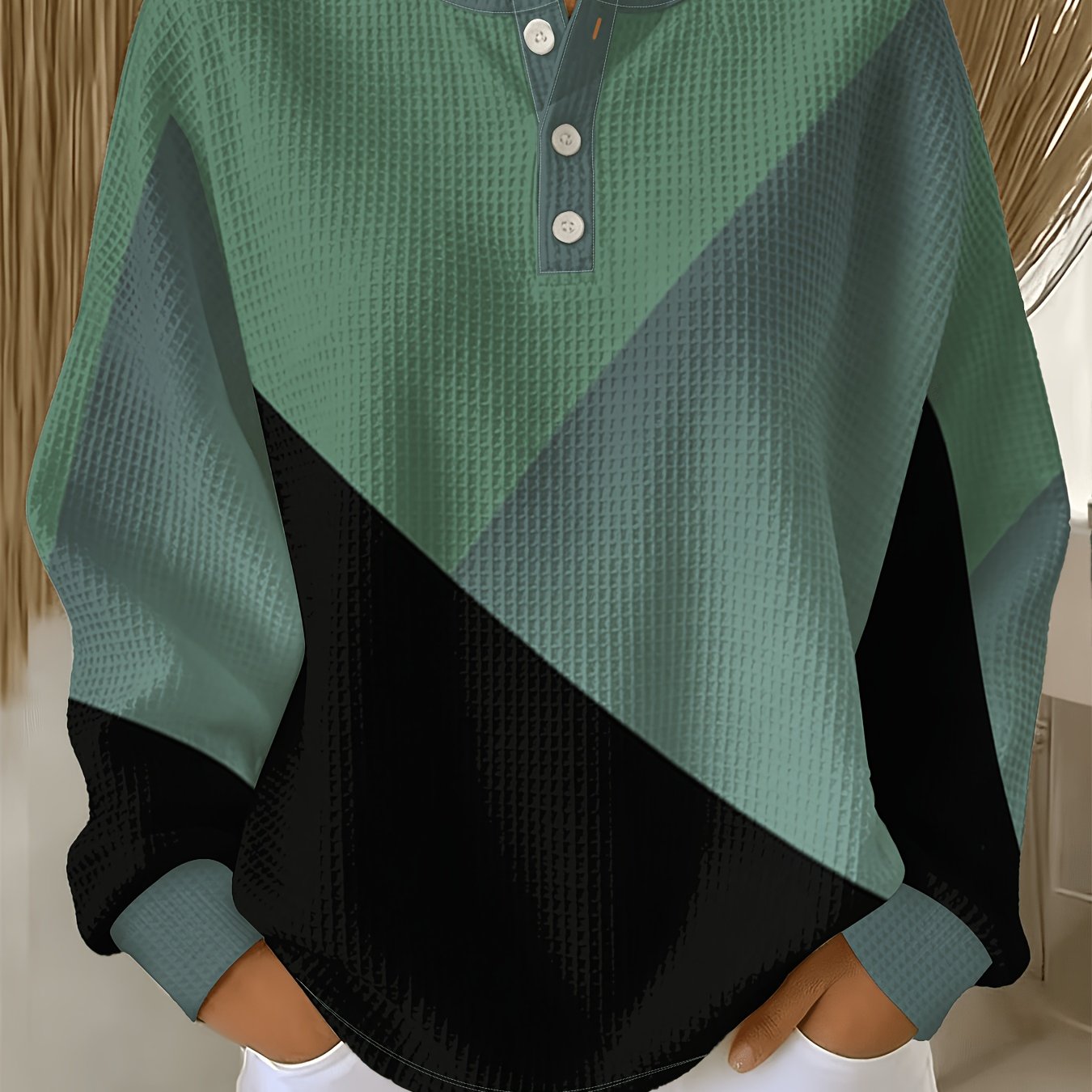 TEMU Sweat-shirt grande taille pour femme automne/hiver, sergé à blocs de couleur vert-gris-noir, à manches longues, col ras du cou et boutonnage