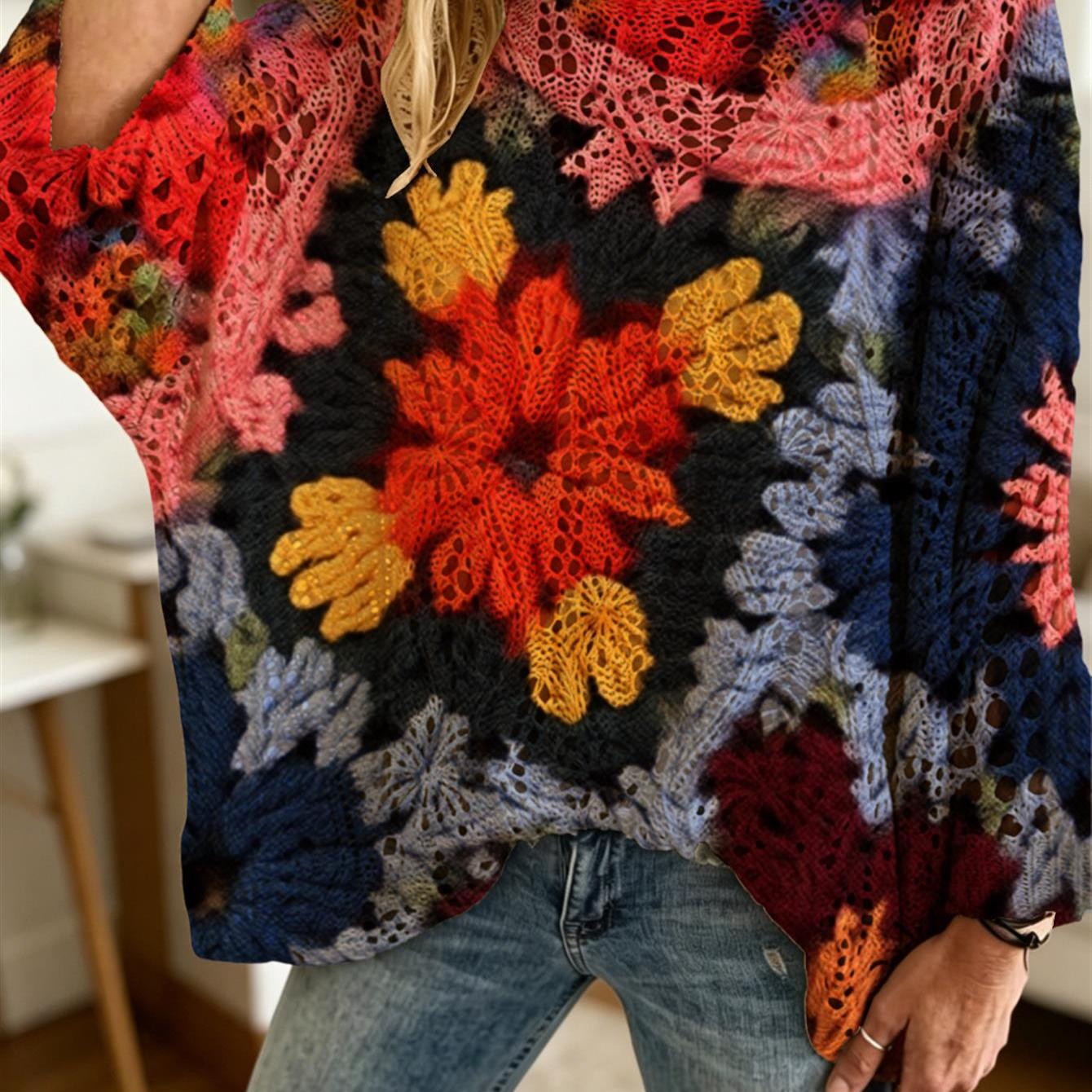Image of My-1004 Women's Vibrant Floral Crochet Sweater With Diamond Lace Batwing Sleeves, Loose Off-shoulder Beach Cover-up For Casual Vacation Wear
