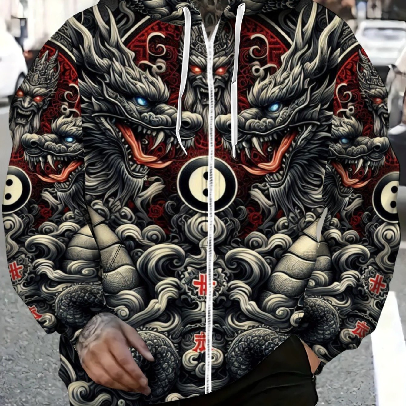 TEMU Men's Dragon Print Zip-up Hoodie For Casual Wear, Street Style, And Outdoor Activities, Featuring Red And , Lightweight And Durable Fabric,