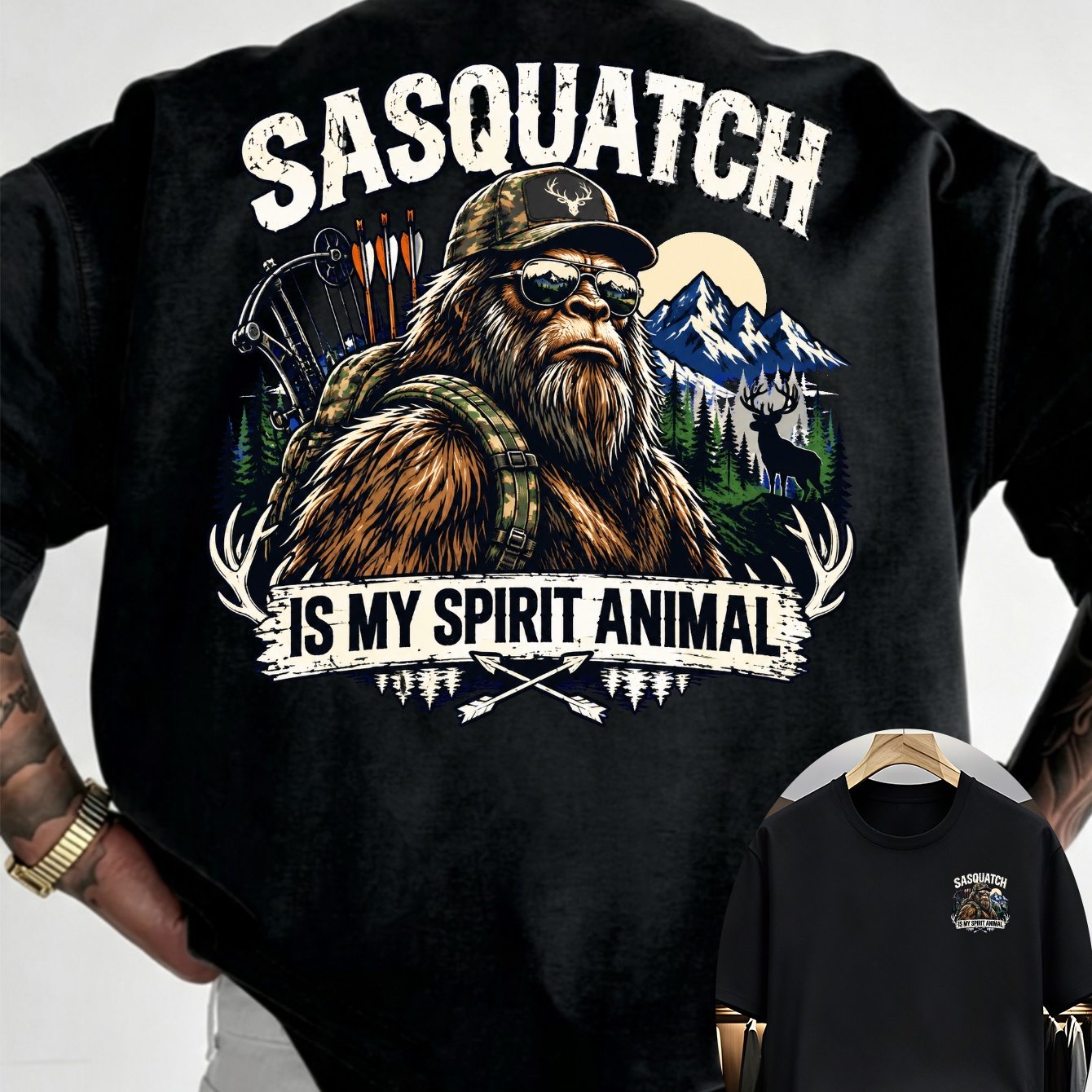 TEMU Plus Size Men's T-shirt Round Neck Short Sleeve Sasquatch Graphic Tee Double Sided Print Hunting Casual Summer Breathable Comfortable Fashion