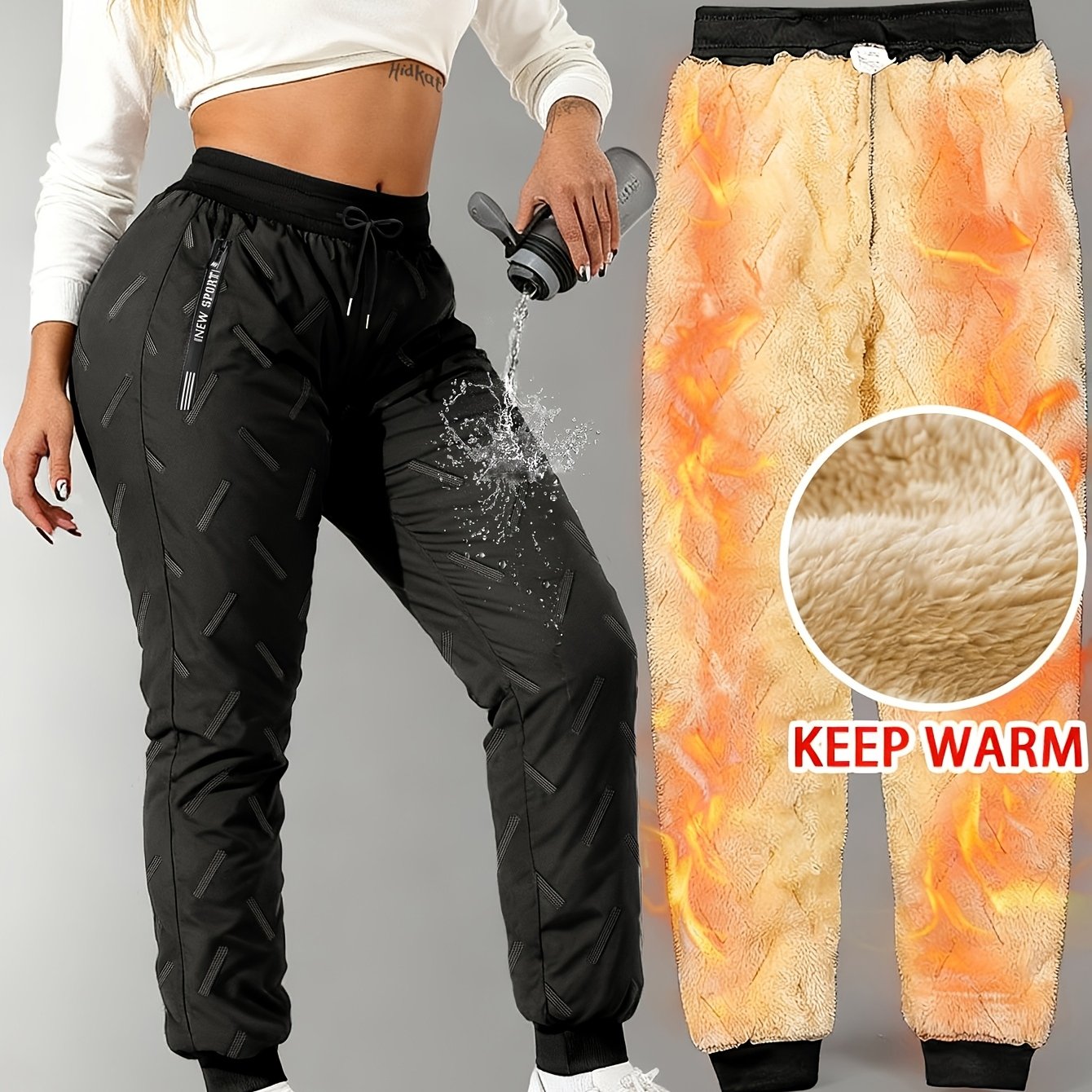 TEMU Women's Fleece-lined Winter Pants, Loose Fit With Zipper Pockets, Warm Casual Trousers For Daily Wear And Outdoor, Christmas Gift