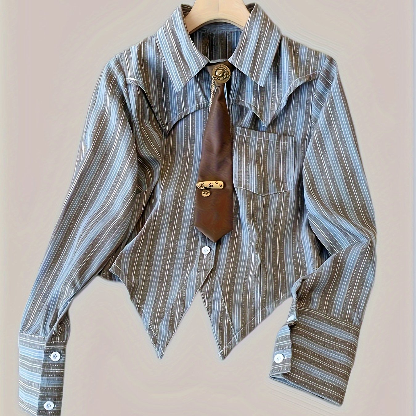 TEMU 여성용 레트로 칼라 셔츠와 허리끈 - 블루 그레이 화이트 가로 줄무늬 긴팔 블라우스, 버튼 프론트 가을 2024 컬렉션-image-17592982109792