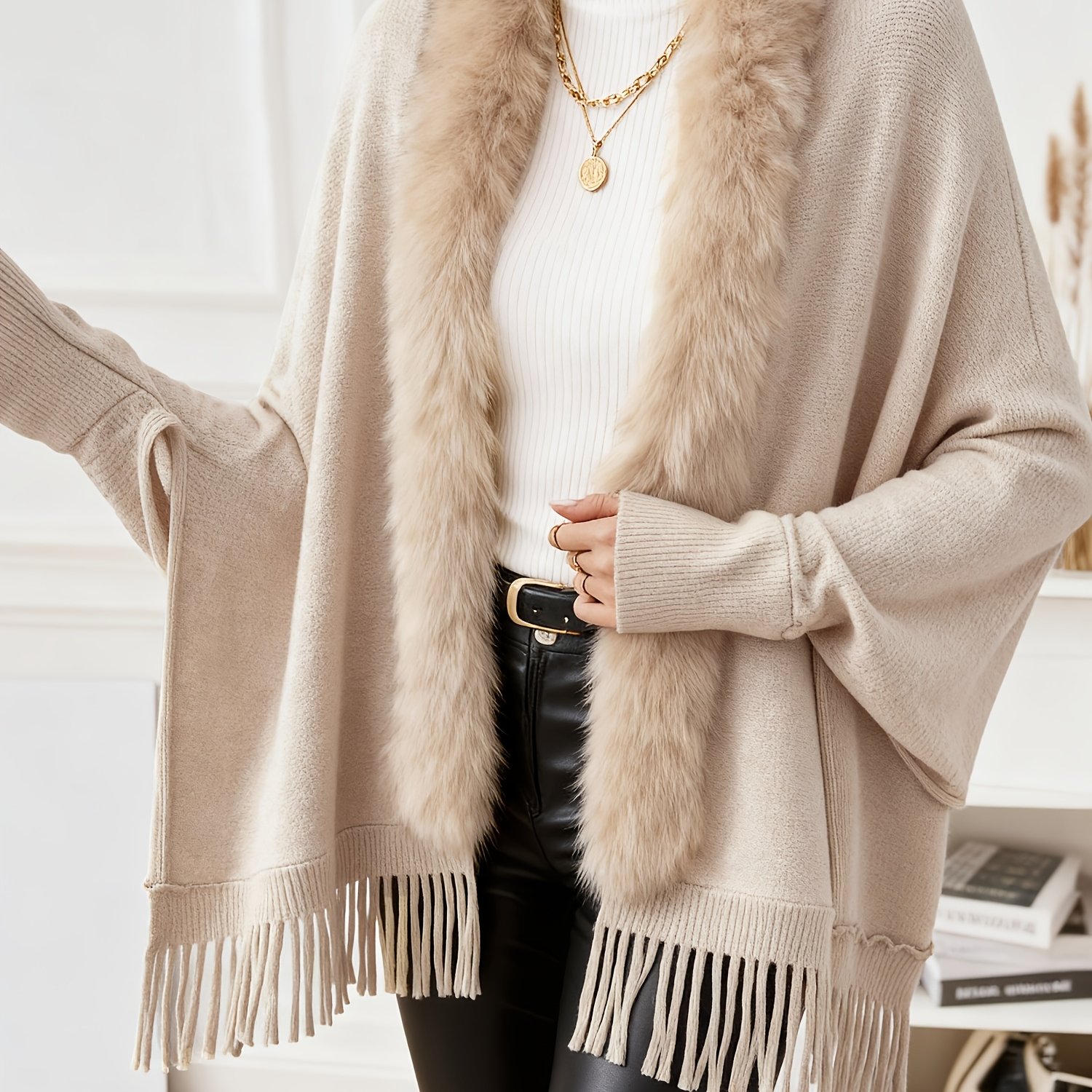 Image of ( Xs-l) Women's Trim Batwing Sleeve Fringe Cape, Solid Color Tassel Fluffy Decor Warm Sweater Coat, Elegant European For Winter Work Casual Weekend Streetwear, Women's Clothing