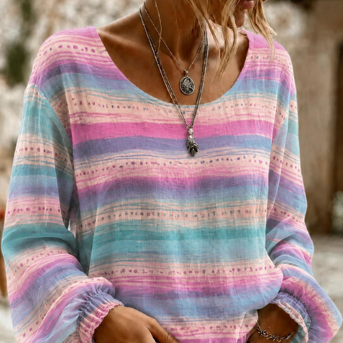 Plus Size Women's Long Sleeve Shirt Colorful Striped Boho Long Sleeve Top Women's Casual Round Neck Blouse Fashion Summer Shirt For A Birthday. Loose Casual Loungewear For Daily & Vacation