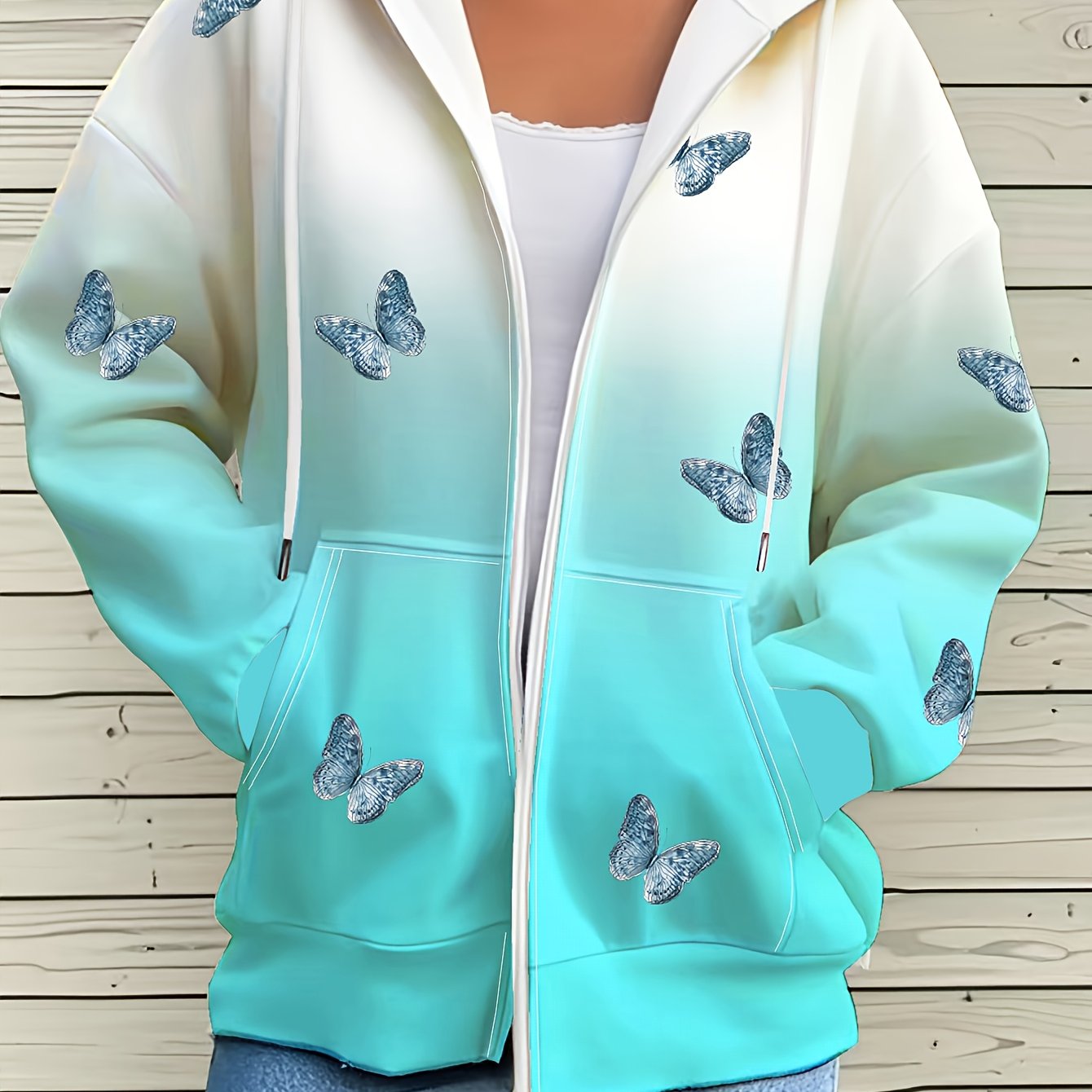 TEMU Plus Size, Women's Gradient Print Pocket Zip Hooded Jacket