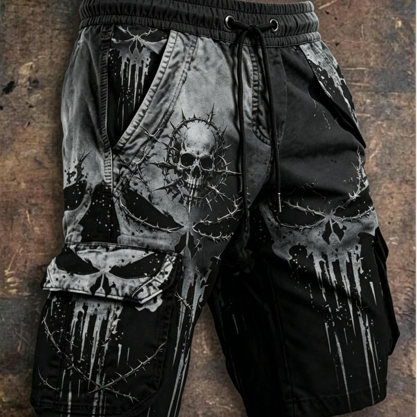 Image of Single-piece Pants(no Belt) Non-faux Denim Fabric Men's Spring/summer Dark-colored Street Style Skull Cargo Shorts, Multi-pocket Casual Trousers, Daily Outdoor Casual Wear