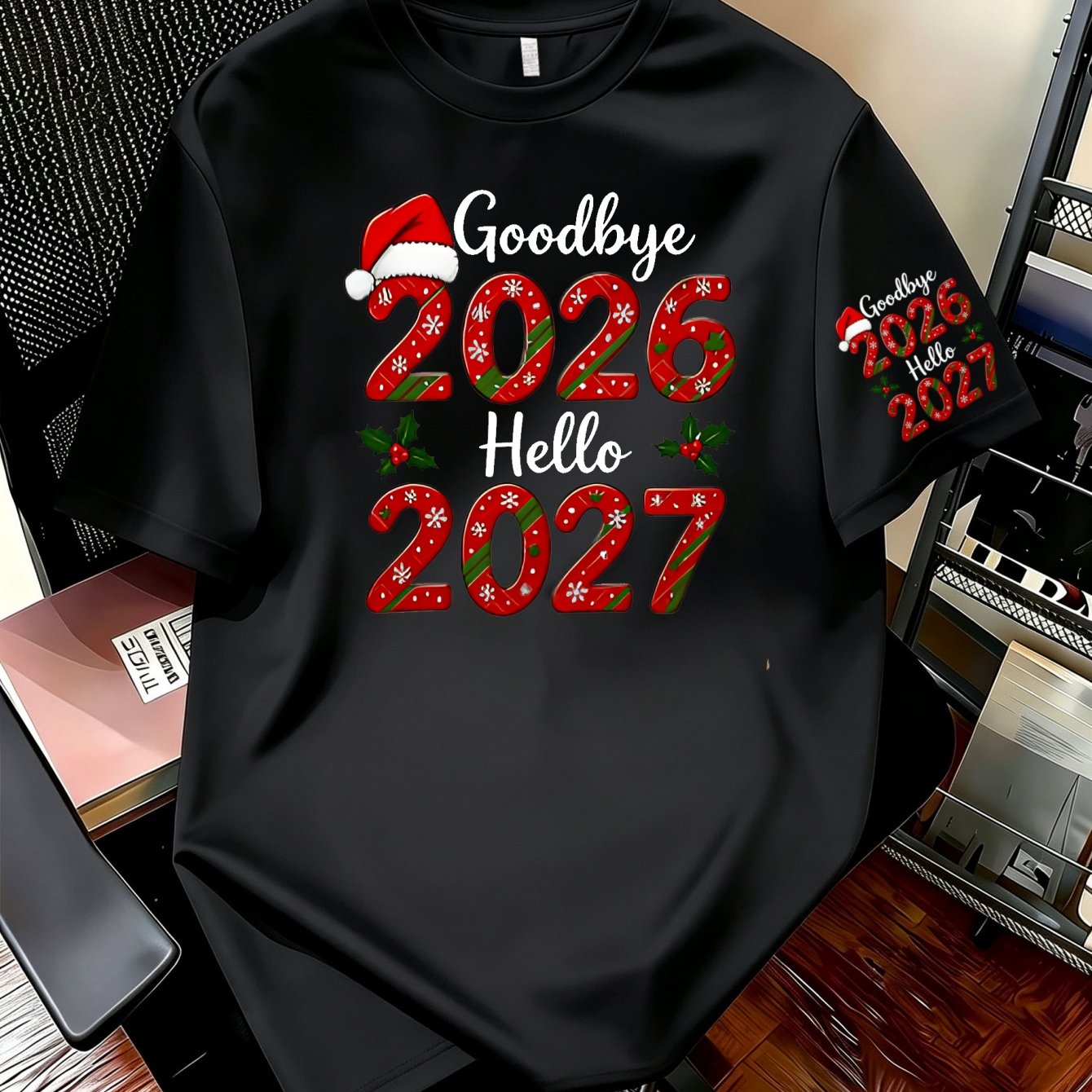 TEMU Farewell 2026, Welcome 2027 - Men's New Year Christmas Holiday Short Sleeve Crew Neck Top With Festive Atmosphere