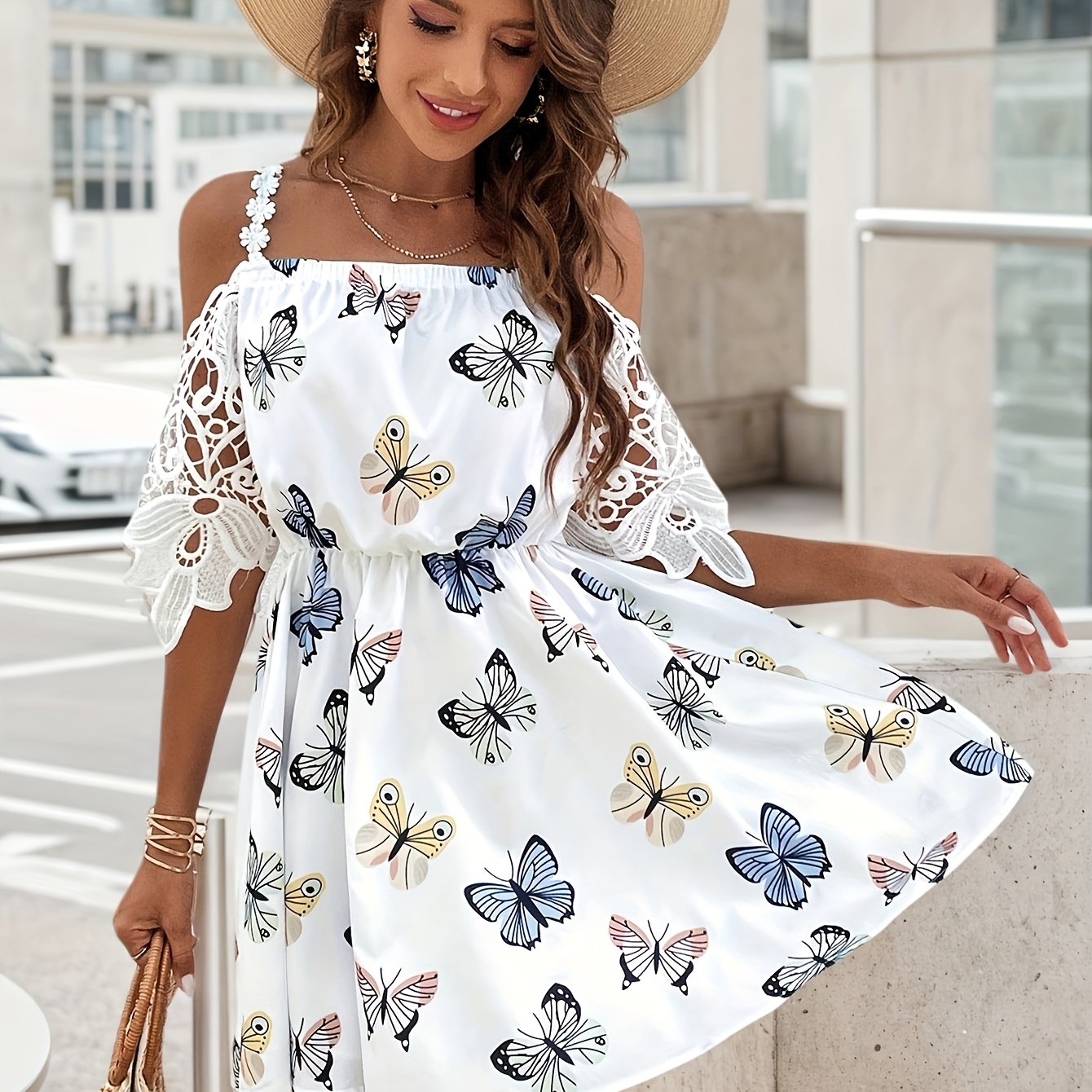 TEMU Women's Off-shoulder Lace Sleeve -line Dress With Print & Asymmetrical H-line Hem - Lightweight Beach Dress Suitable For Picnic, Wedding Guest,