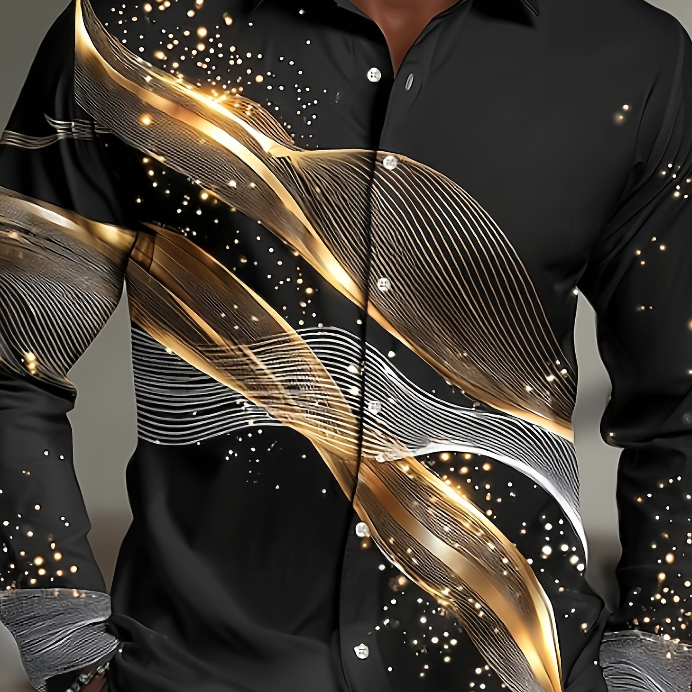 TEMU Men's Fashion Shirt With Golden And Silvery Pattern Print, Party And Outdoor Wear Top Shirt, Lapel Long Sleeve Casual Shirt