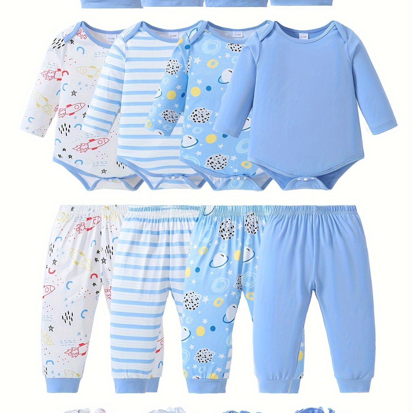 Image of Casual Baby Boy Set, Solid Color & Spaceship & Striped & Cartoon Print Long Sleeve Onesie And Pants And Hat And Gloves Multi-piece Set, For Outdoor