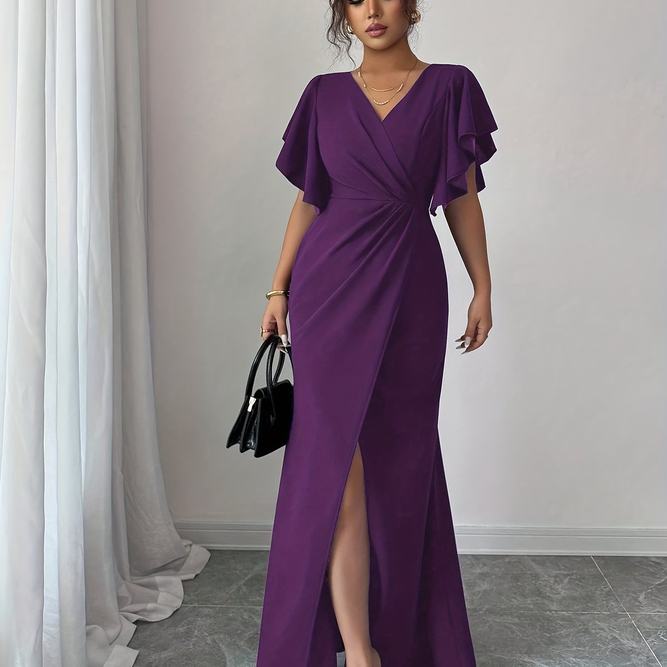 TEMU Women's Elegant Mermaid/a-line Party Dress With V-neck, Slit & Waist Wrinkle - Tailback Evening Gown For Weddings, , - Machine Washable Solid