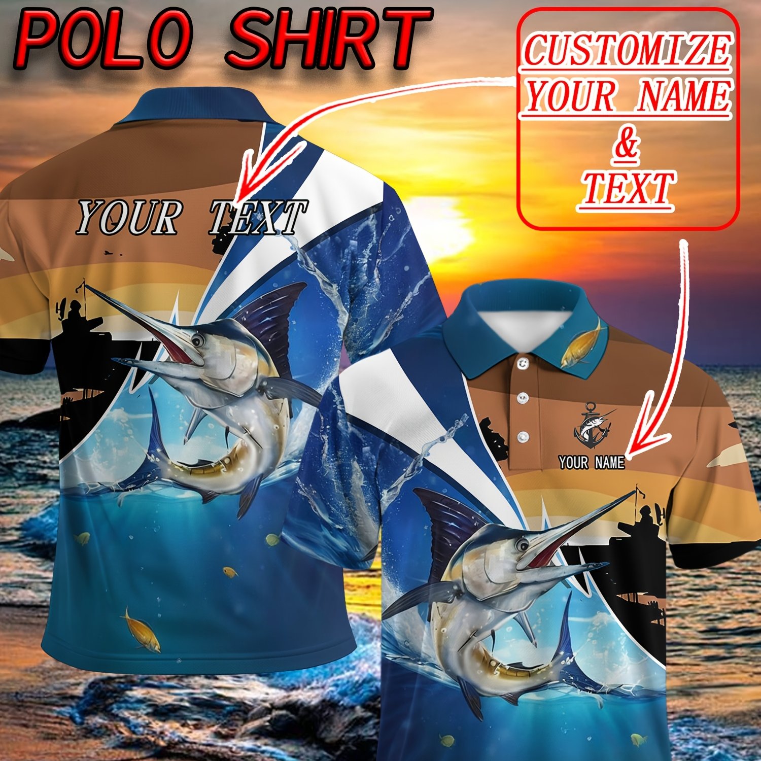TEMU Customizable Personalized Men's Shirts With A Fishing Theme Featuring Ocean And Patterns. Double-sided Printing Allows For Personal Names And