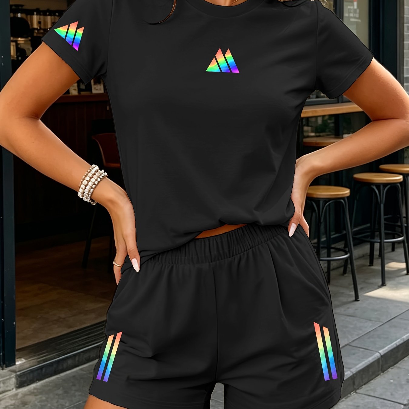 2pcs Summer Women's Short-Sleeve Set with Geometric Print
