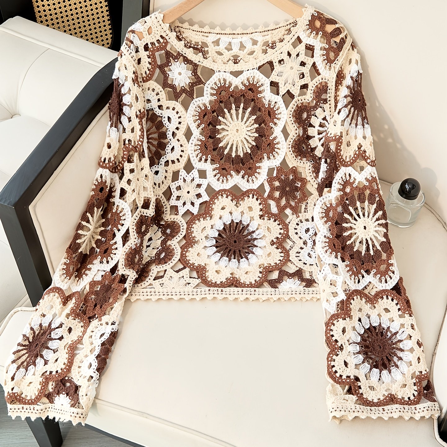 TEMU Spring And Autumn Fashion Hollow Round Neck Long Sleeve Women's Pullover Top, Suitable For Everyday Casual Wear