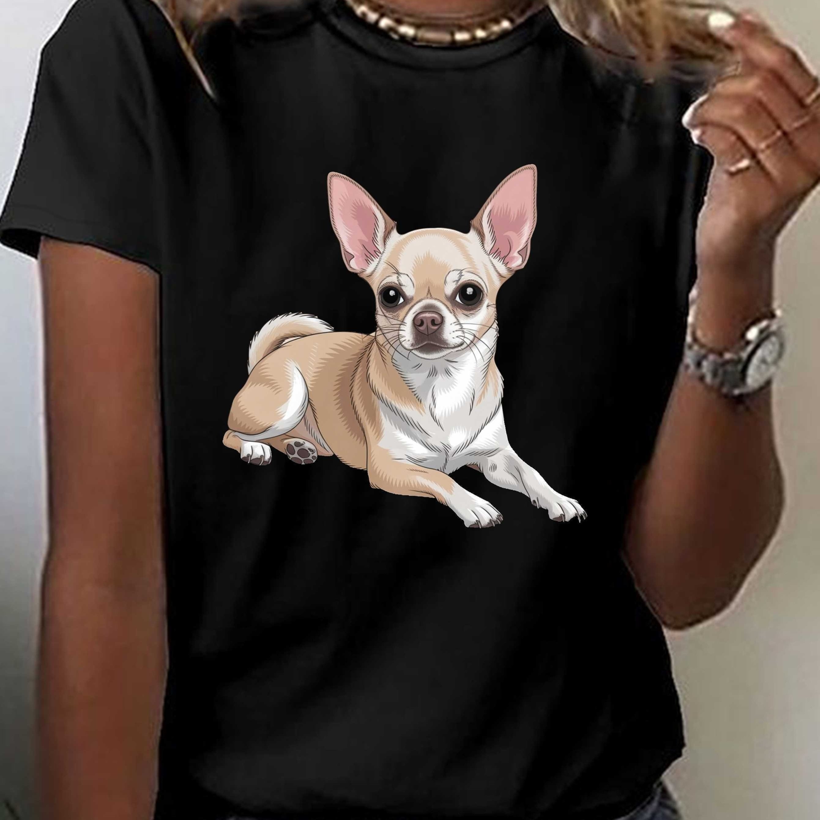 TEMU Women's Chihuahua Dog Lover T-shirt - Short Sleeve Crew Neck Casual Top With Realistic Chihuahua Illustration Print, Medium- For Wear, Chihuahua