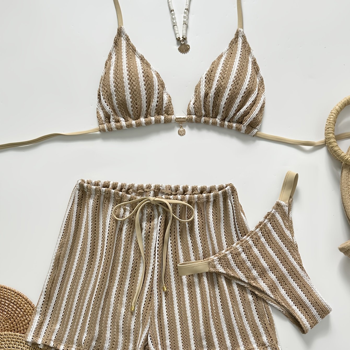 TEMU Women's Khaki Striped Crochet Triangle Bikini And Cover Up Set