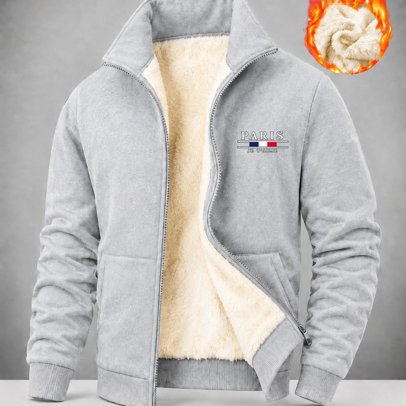 TEMU Men's Fleece Lined Full Zip Jacket, Warm Stand Collar Long Sleeve Sweatshirt, Casual Winter Coat With Pockets