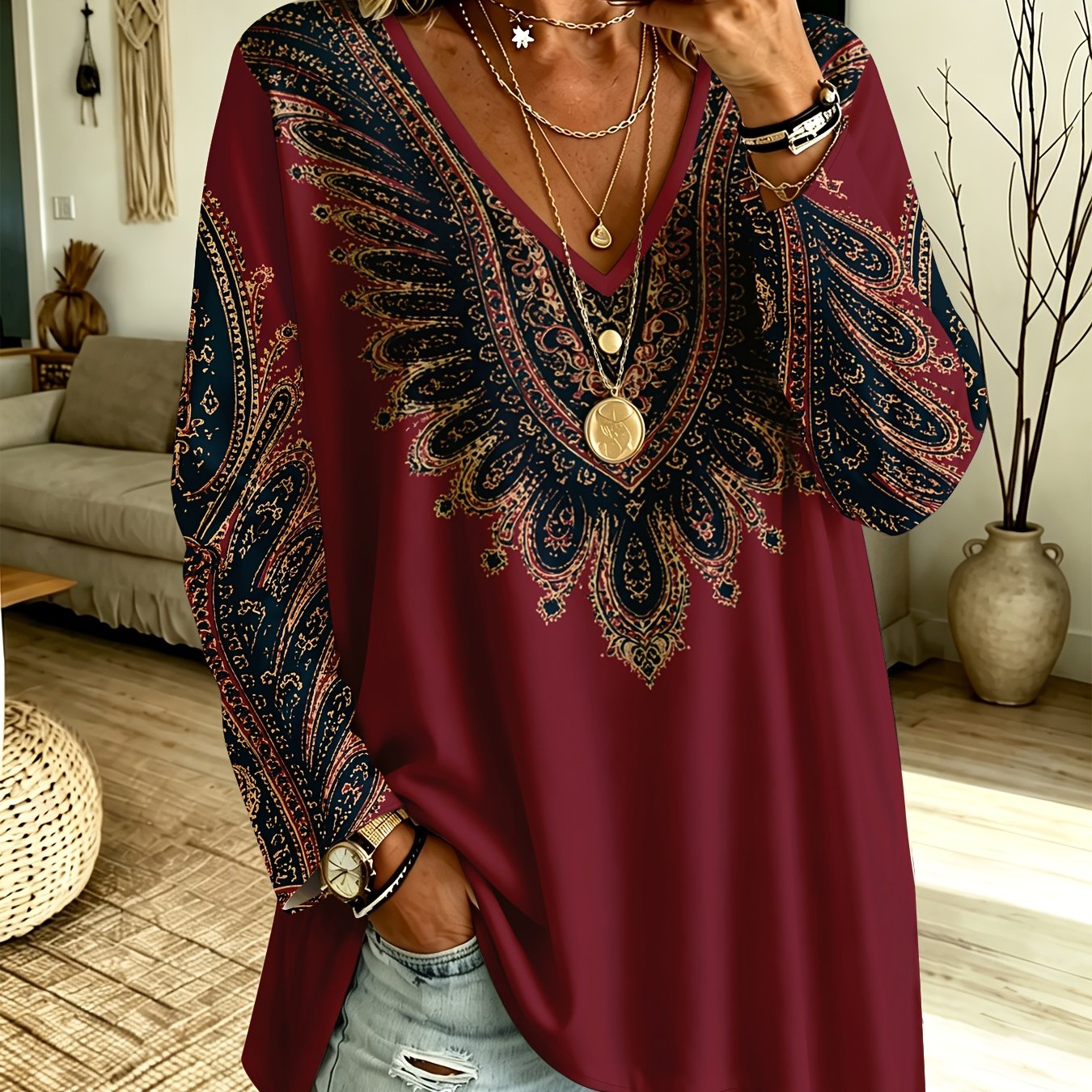 TEMU Plus Size Women's Bohemian Ethnic Style Paisley Print V-neck Long Sleeve T-shirt Loose Coverage , Casual Versatile , No Additions Included