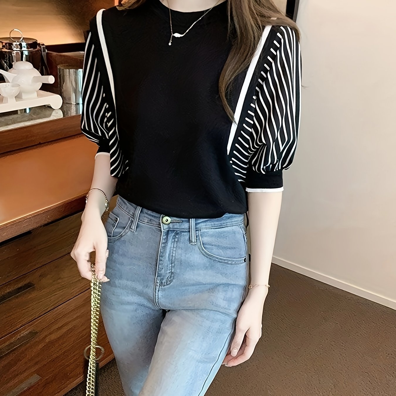 TEMU Summer 2-in-1 Look Striped Short-sleeve T-shirt For Women, 2025 Five-point Sleeve Top