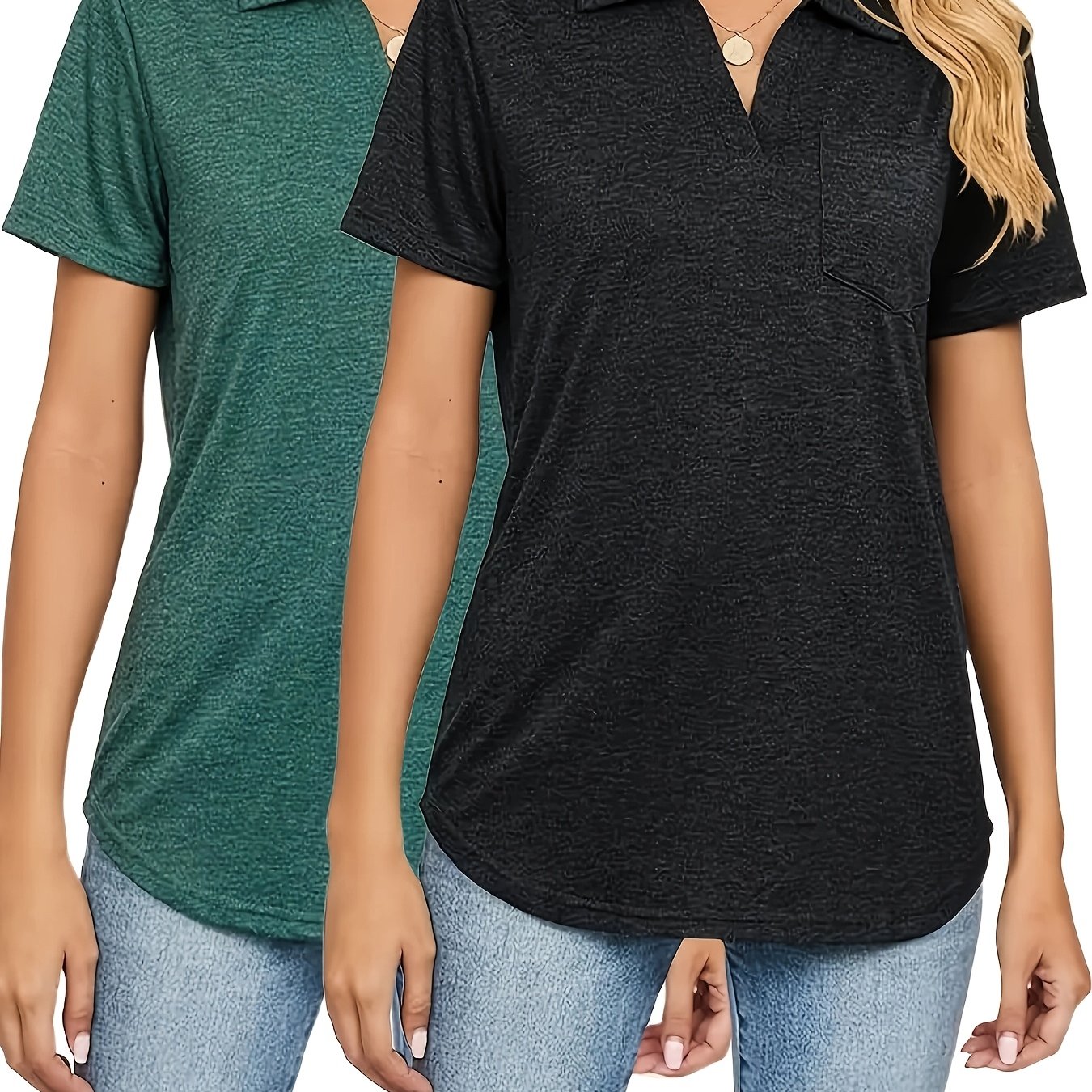 Plus Size, 2pcs Women's Casual Short Sleeve T-shirt With Collar And Pocket For Spring/summer