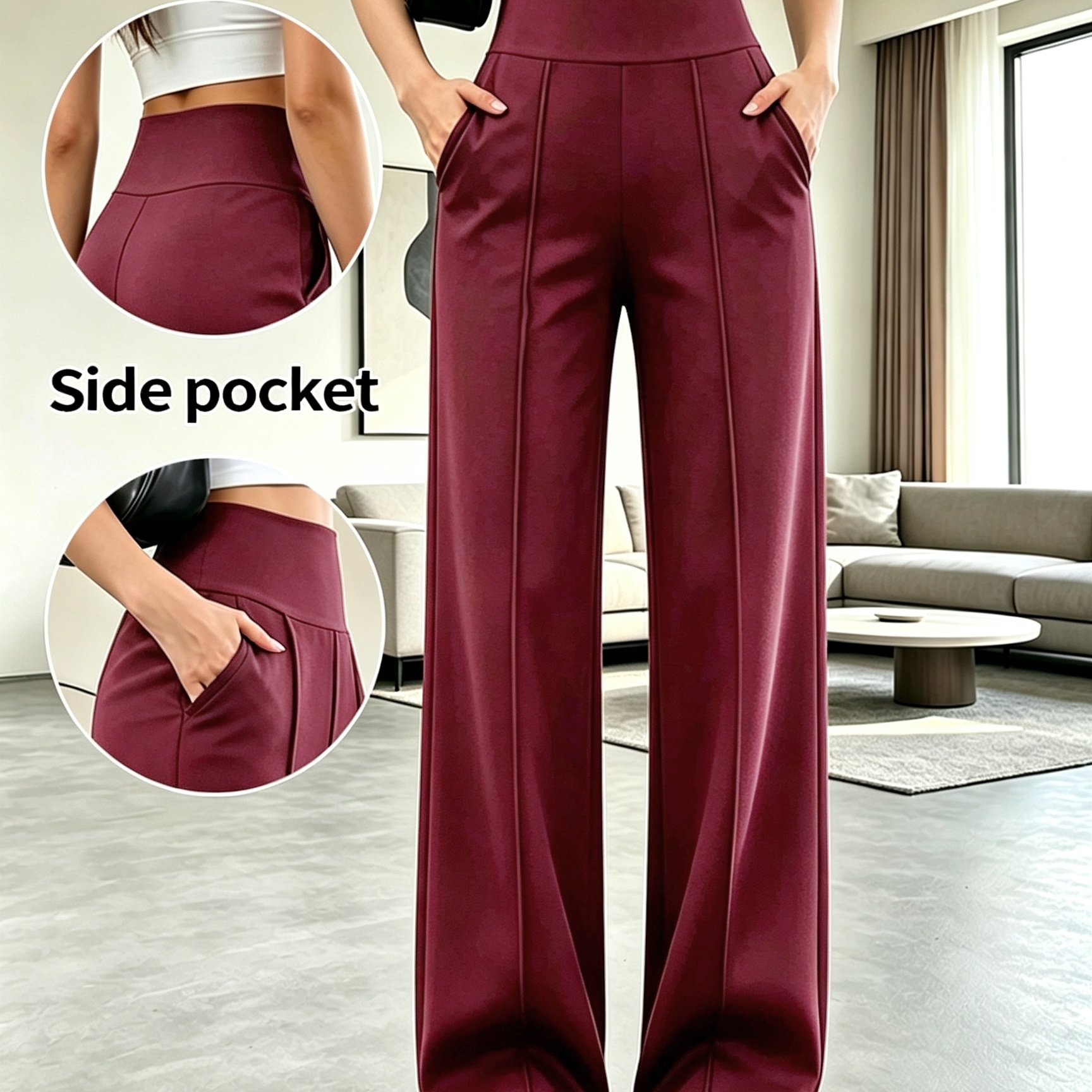 TEMU Women's High-waist Tummy Control Flowy Wide-leg Pants, Soft And -friendly And Pants, Straight-leg Trousers With Pockets For Commuting And Casual