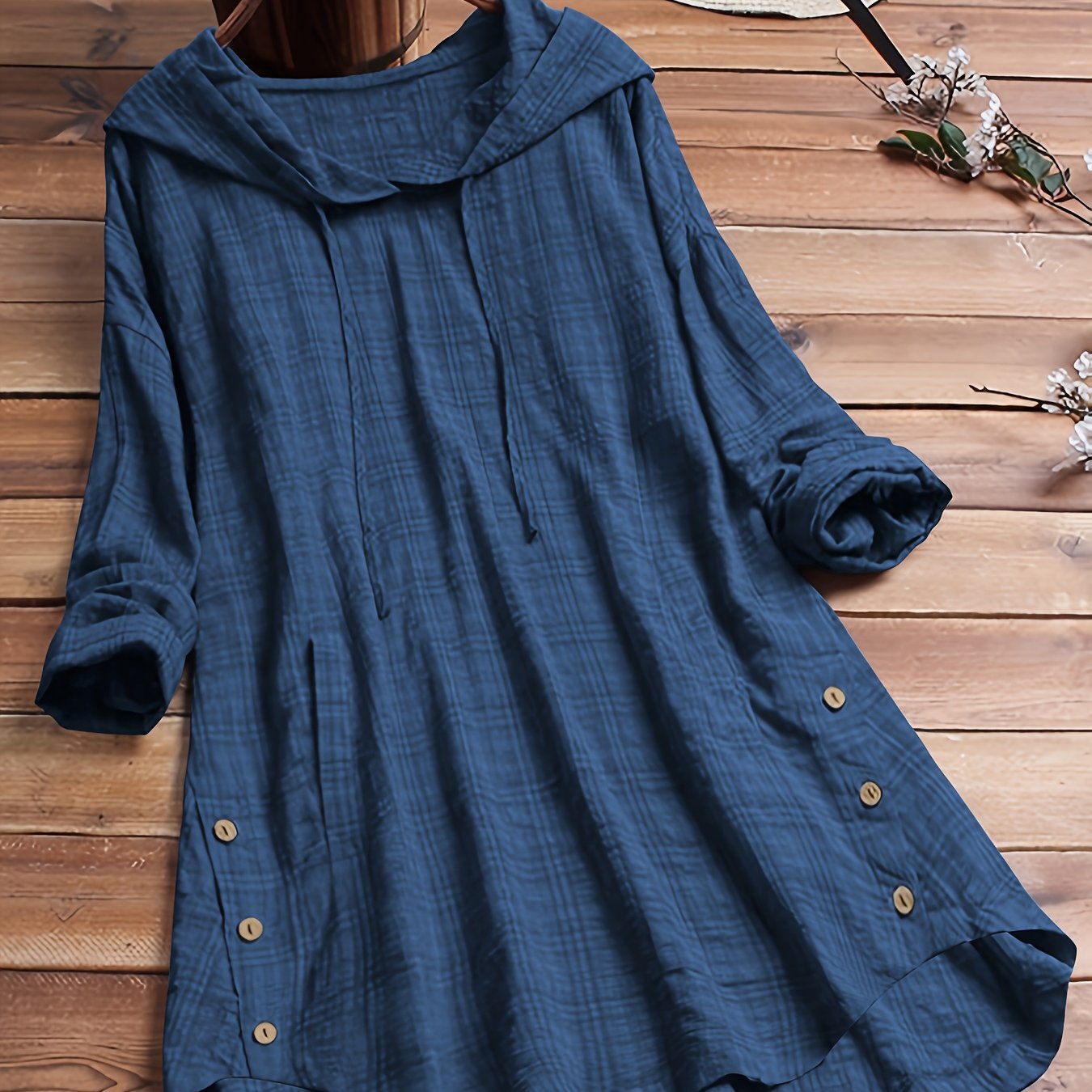 TEMU Camisa con capucha de larga, top asimétrico, blusa elegante a cuadros, exterior de otoño con cinturón para mujer, camisa elegante con cordón de
