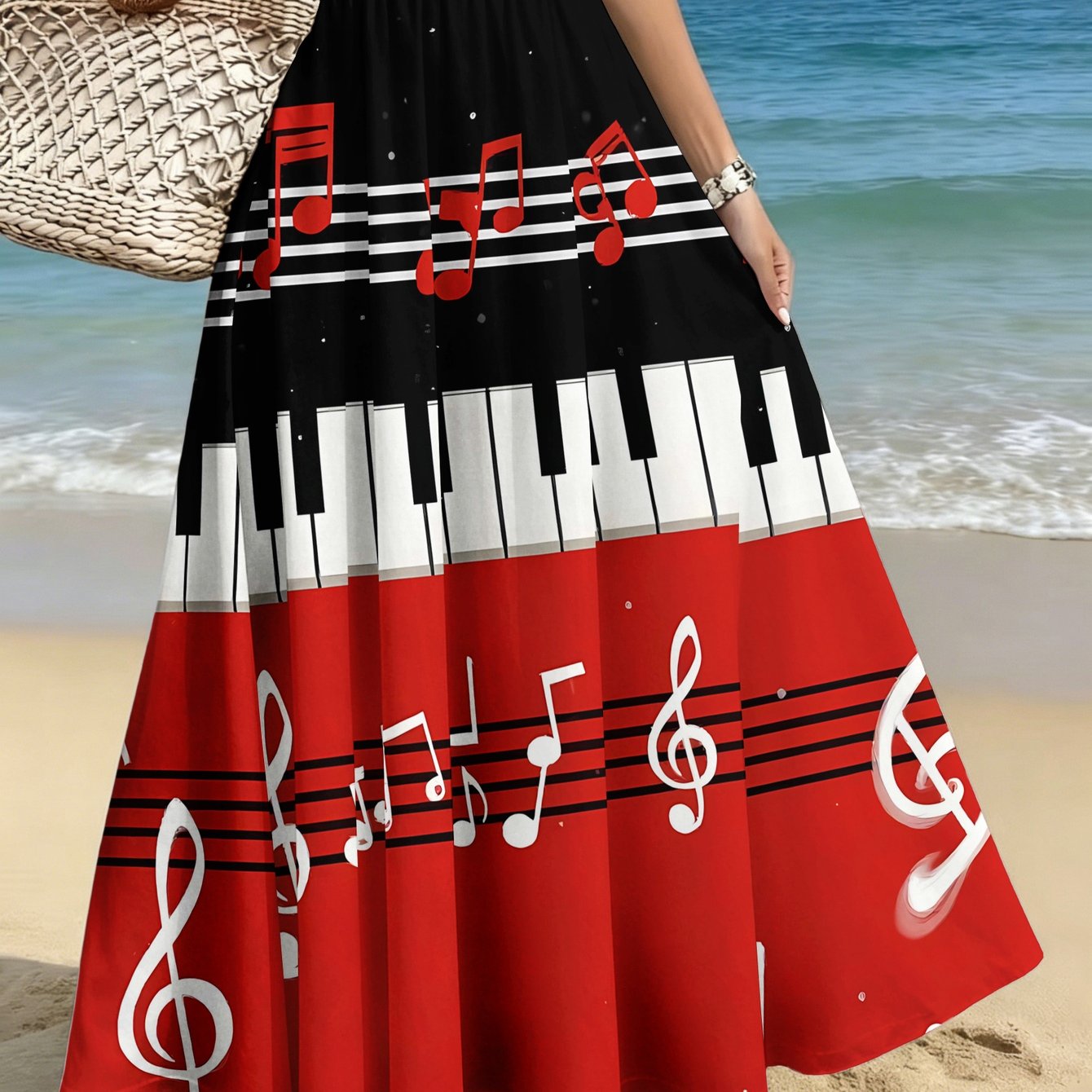 TEMU Plus Size Women's Elegant Fashion Skirt, Casual Printed Midi Skirt With Piano Keyboard And Musical Notes Pattern, /casual/date/party/beach