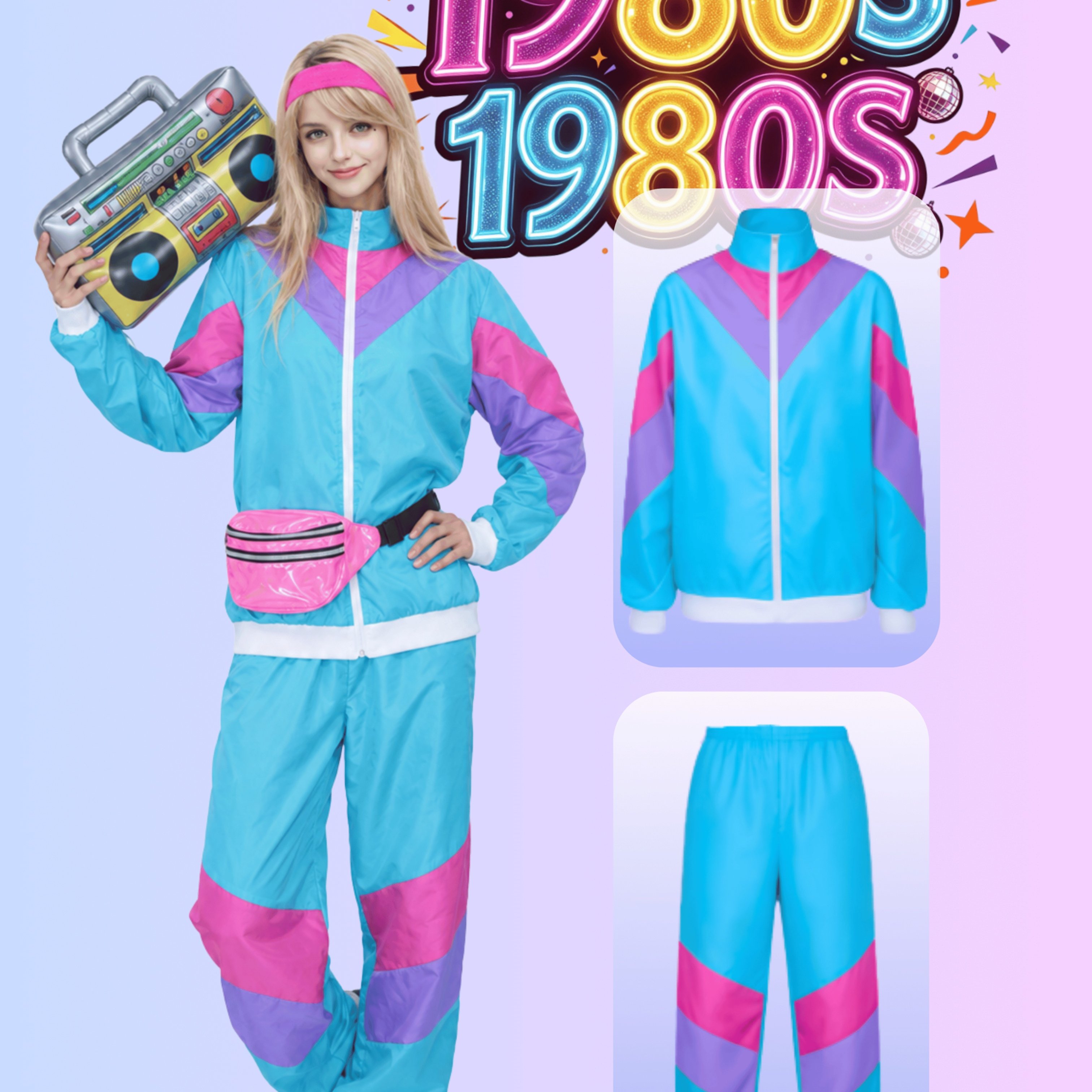 TEMU 2pcs Set | Women's Swear Neon Color Block, Vintage Hip-hop Disco Style, Ideal For Party Outfits. Suitable For Halloween Party Costumes.