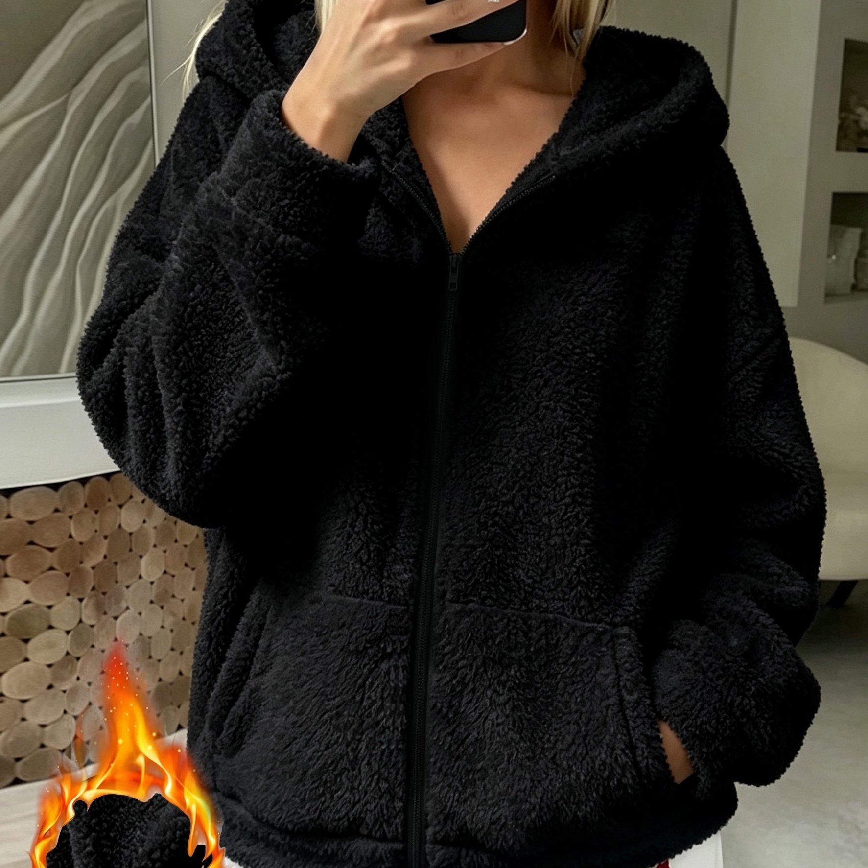 TEMU Veste zippée à capuche chaude et décontractée pour femmes, haut d'intérieur à manches longues avec poche en peluche pour /hiver