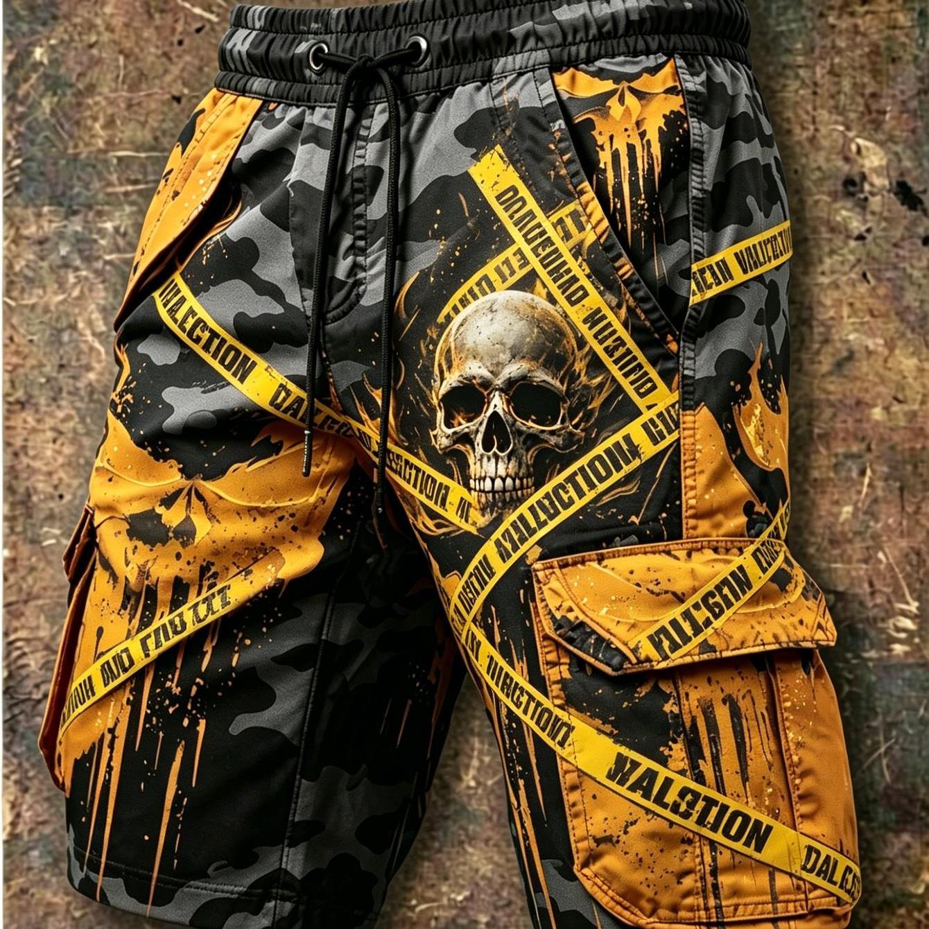 Image of Men's Edgy Punk Style Cargo Shorts With Skull Warning Tape Print - Streetwear Outdoor Shorts Suitable For Casual Wear, Machine Washable Regular Fit Bottoms For Motorcycle Riding & Urban Fashion