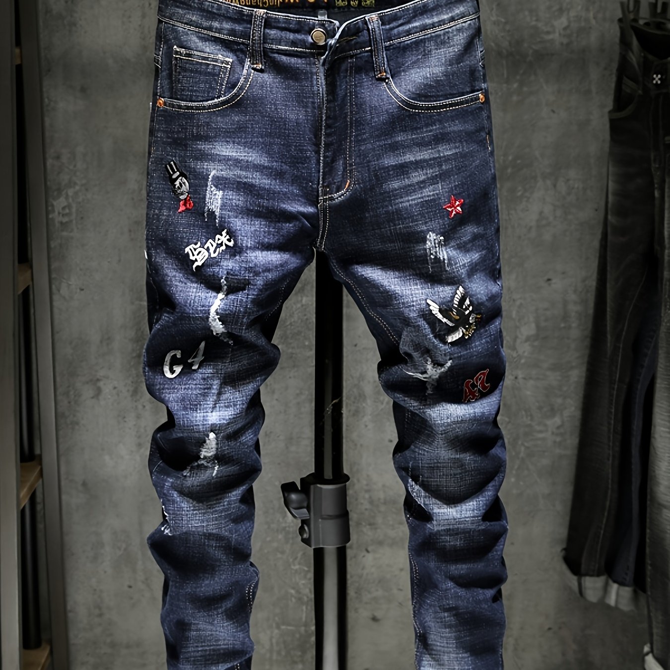 Image of Men's Embroidered Skinny Jeans | Detailed Distressed Denim Pants With Artisan Ripped Denim Pants Streetwear Style , Trendy