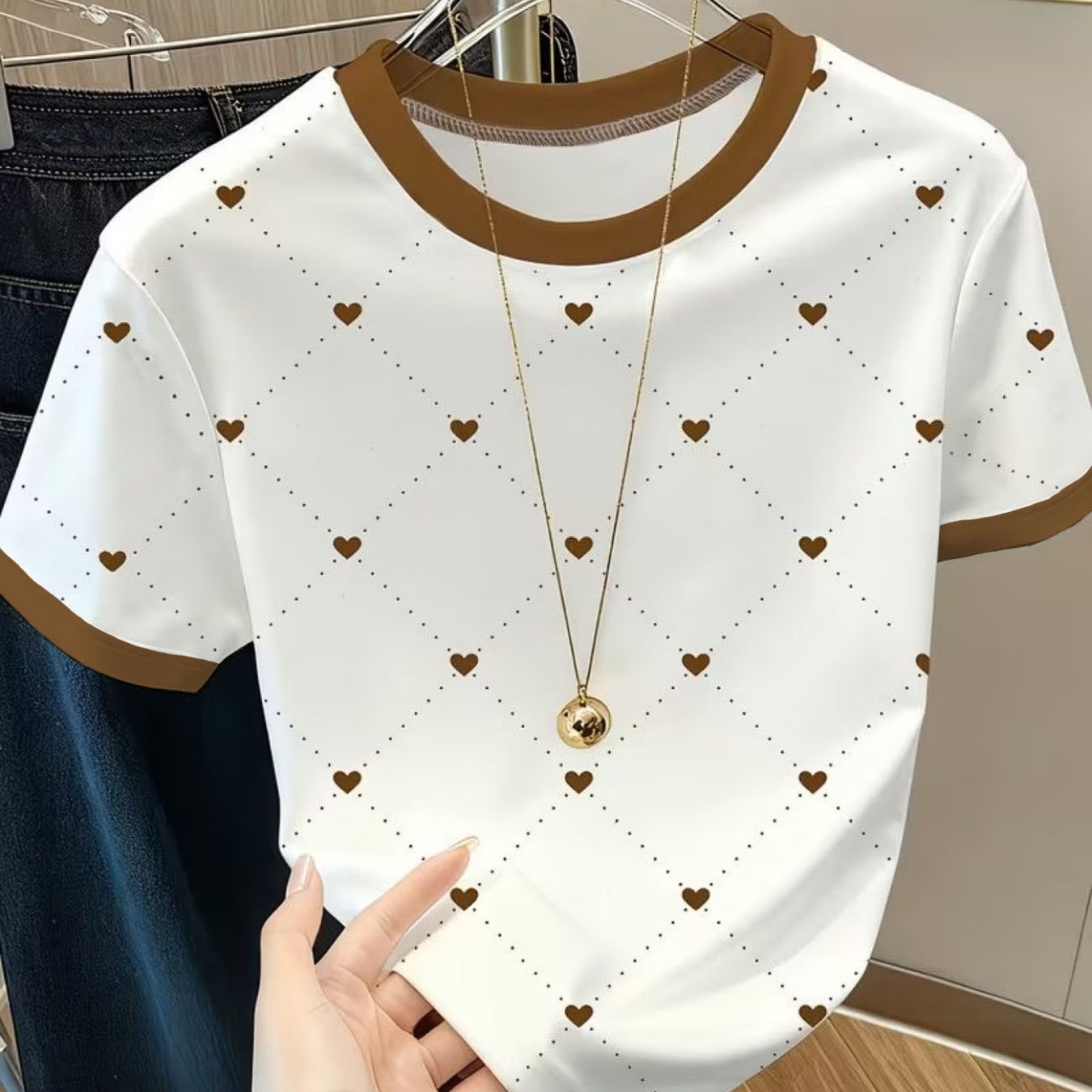 TEMU Polka Dot Round Neck Printed Short Sleeve T-shirt, Casual Sporty Fashionable Short Sleeve Top
