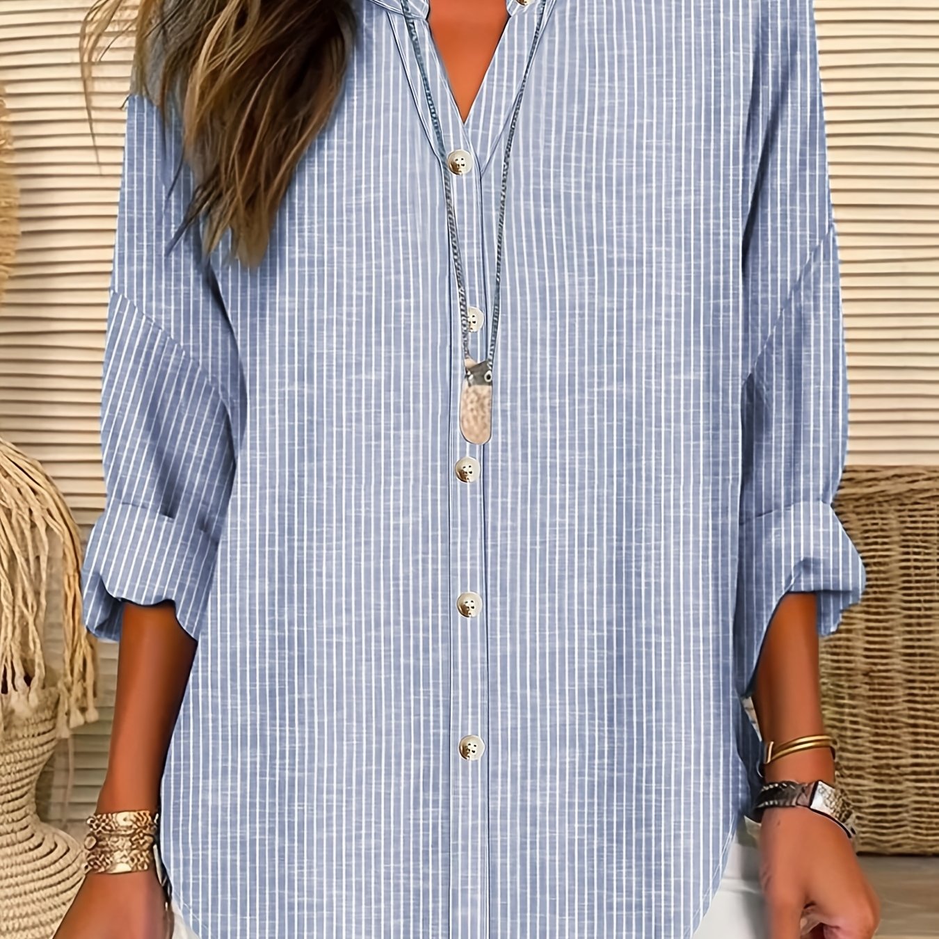 European And American Cross-border Loose Drop-shoulder Single-breasted Striped Cardigan Shirt