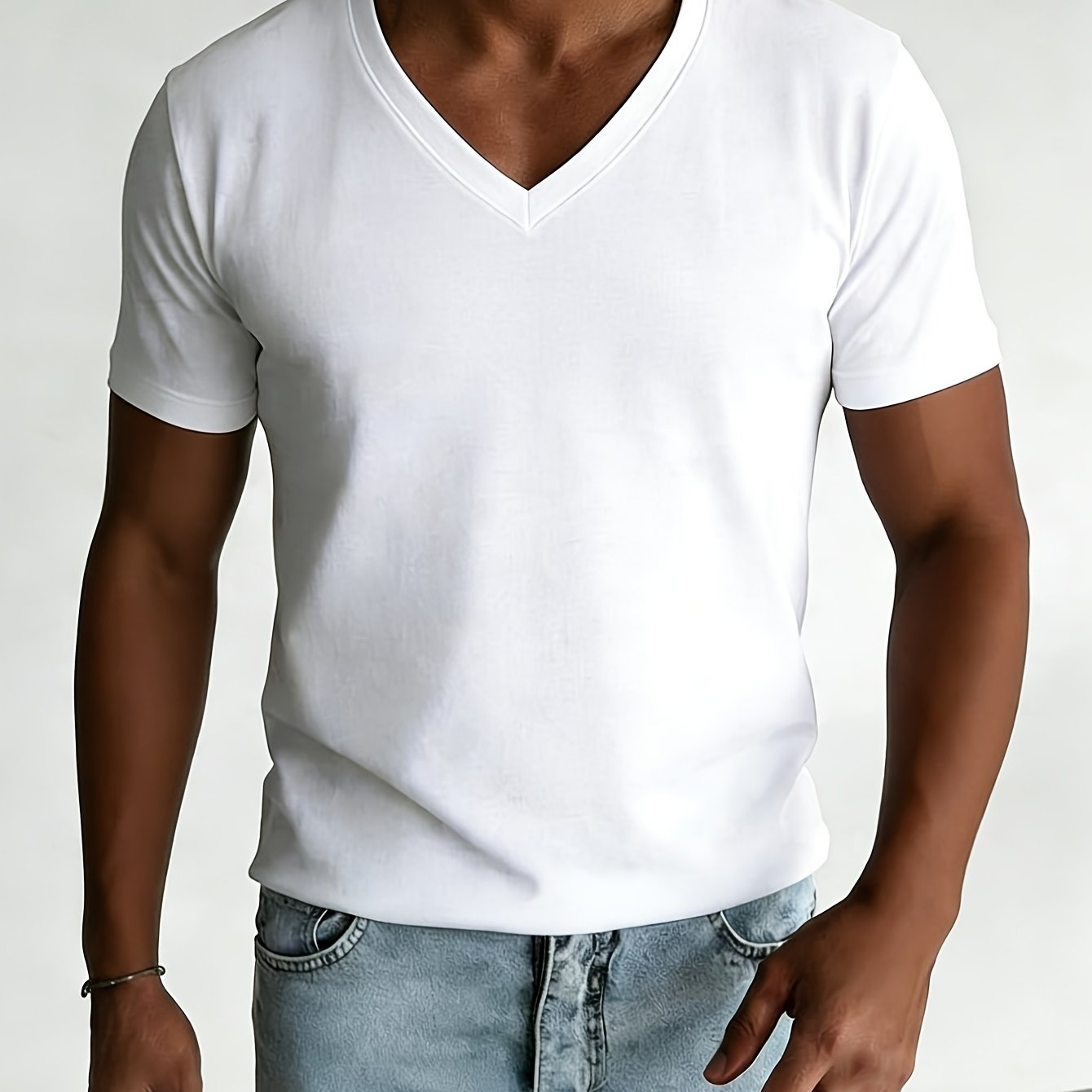 TEMU Men's V-neck Short Sleeve T-shirt - Trendy And Style Men's Deep V-neck Short Sleeve Top, Breathable And Skin-friendly Special Material, Slim Fit