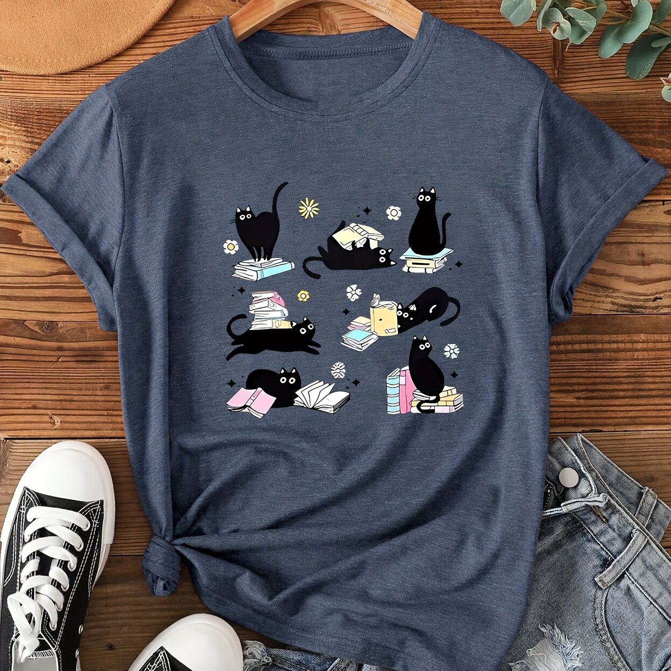 TEMU Women's Short Sleeve Cute Kitten Series Round Neck Casual Fashion Vintage Style Women's Spring Summer Autumn Casual Sporty Neck Short Sleeve