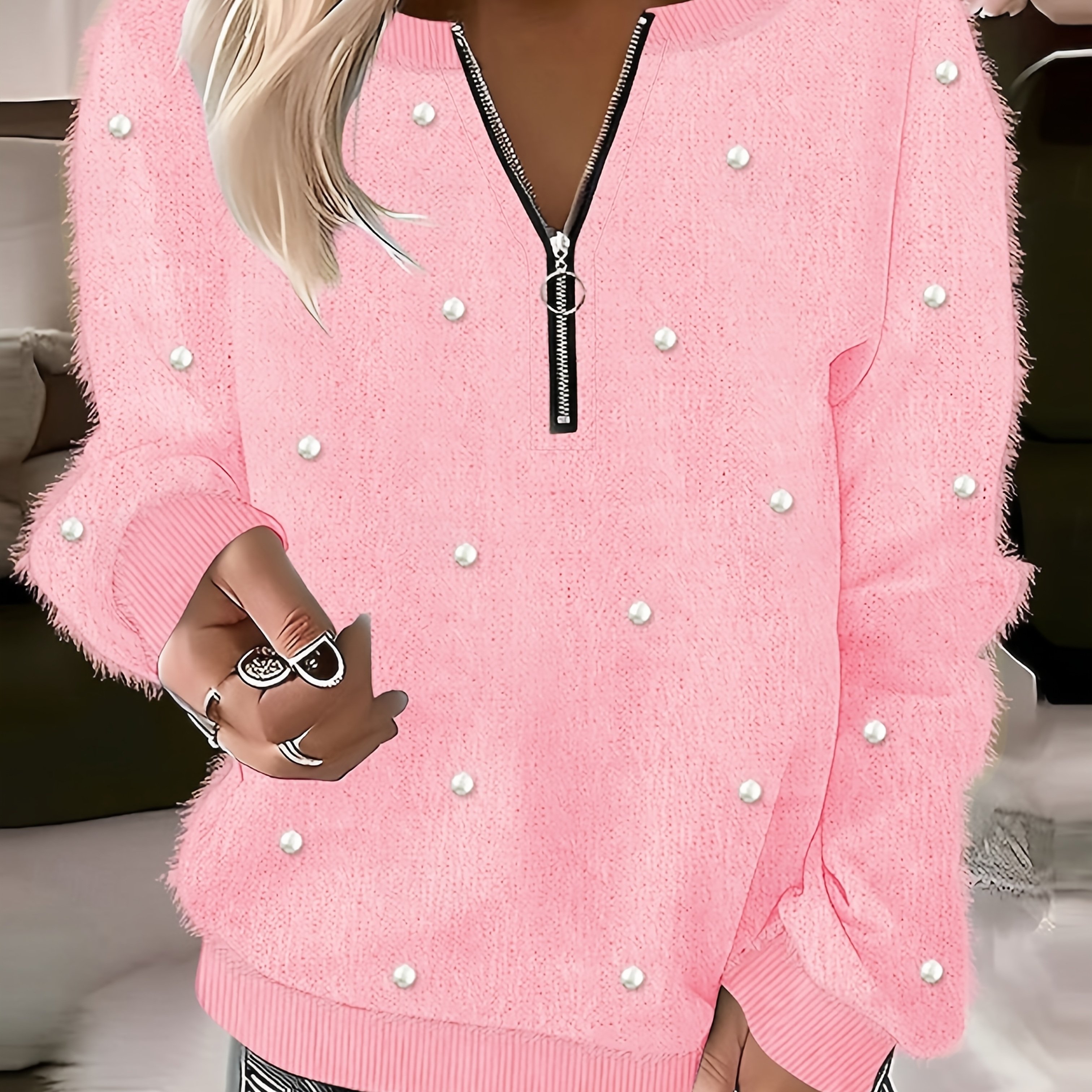 Fashion Standard Size Women' Color Beaded Zipper Sweatshirt Long Sleeve Casual Loose Comfortable Pullover Top