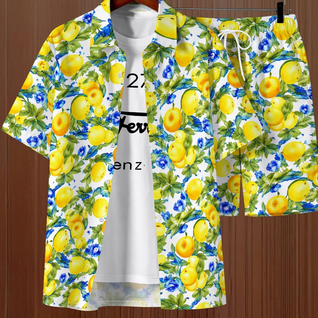 TEMU 's Lemon Print Short Sleeve Shirt And Shorts, Casual Lapel Open 2pcs Set, Suitable For Beach , Beach Vacations, Pool Parties, Daily Commuting,