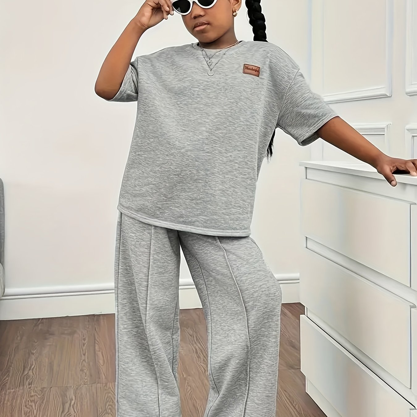 Image of Girls' Clothing Clothes Summer Girls' Outfit Gray Short Sleeve Long Pants Set, For Outdoor, Christmas, Halloween